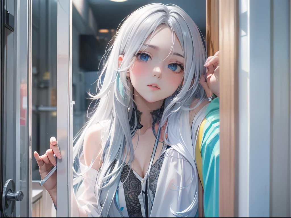 Best quality, tmasterpiece, 18 years old sweet cool girl, silver-white long hair, blue color eyes, Curious expression, Leaning against the door frame