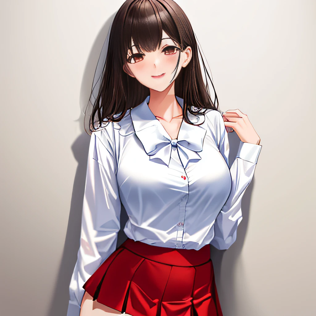 (tmasterpiece:1,2)，Best picture quality，1个Giant Breast Girl，White shirt on the upper body，The bottom is a red miniskirt，ssmile