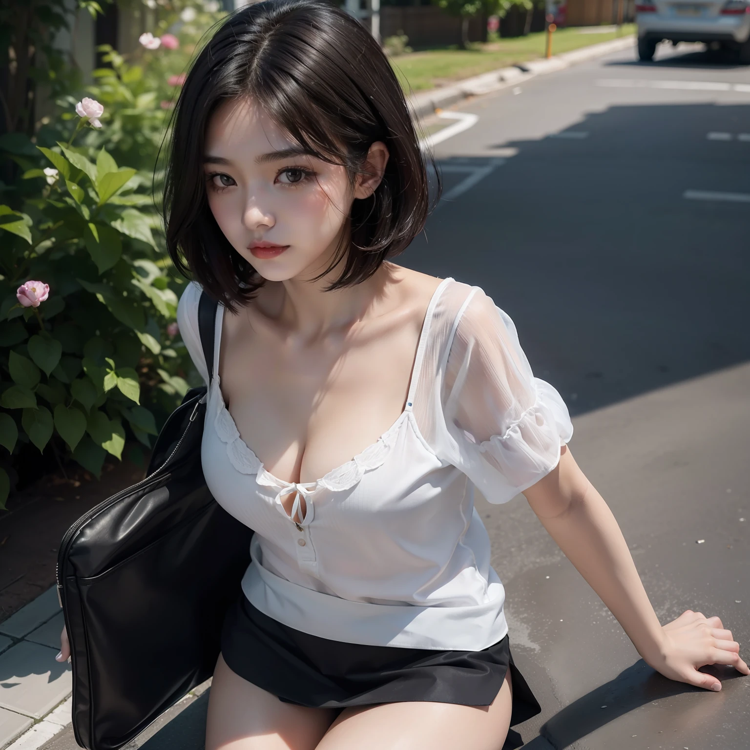 (masuter piece:1.3)、(8k、Photorealsitic、RAW Photography、top-quality: 1.4)、(2girl)、beautiful countenance、(lifelike face)、(A dark-haired、short-hair:1.3)、Beautiful hairstyle、realisticeyes、Beautiful details、（real looking skin）、Beautiful skins、（校服）summer clothing、a miniskirt、Underwear is sheer