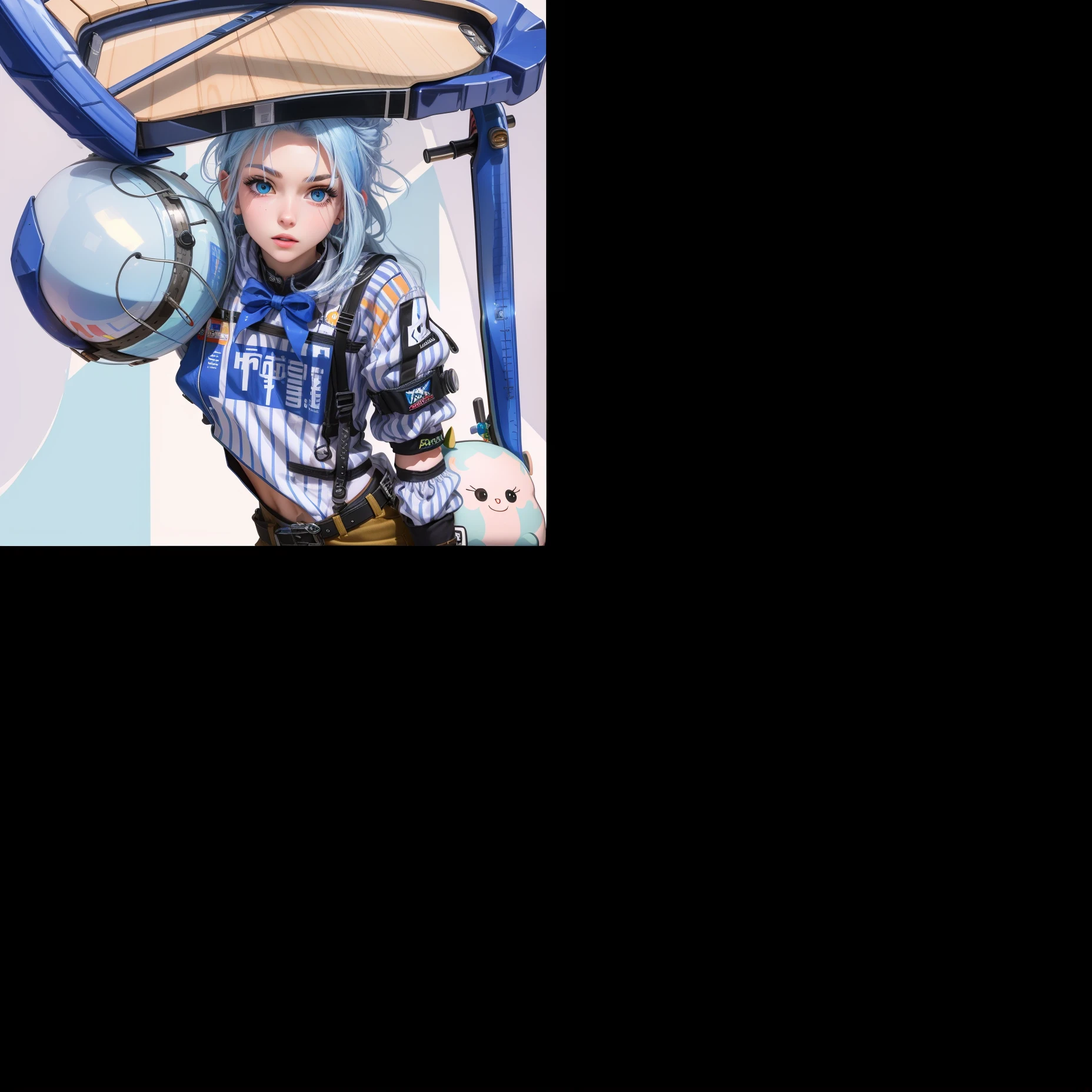 A two-dimensional girl with blue and white hair,Background science fiction,Handheld skateboard,adolable