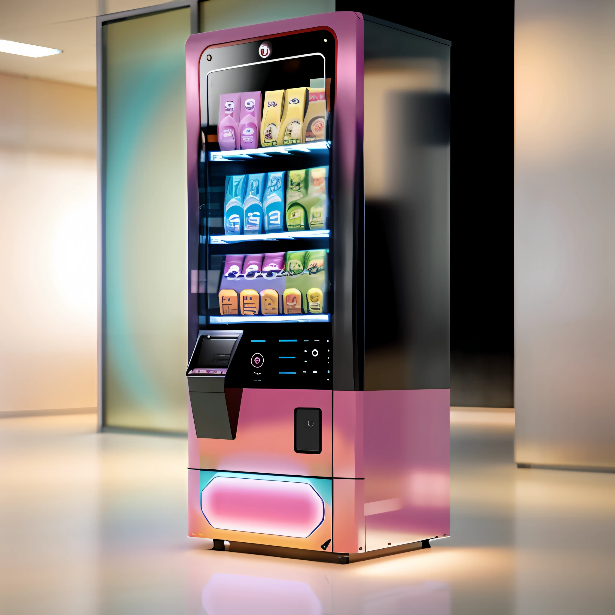 Vending machines for adult products, The big black screen in the middle is the monitor,In line with the tone of sexy and adult products,The color is mainly pink,The scene in the mall should be bright
