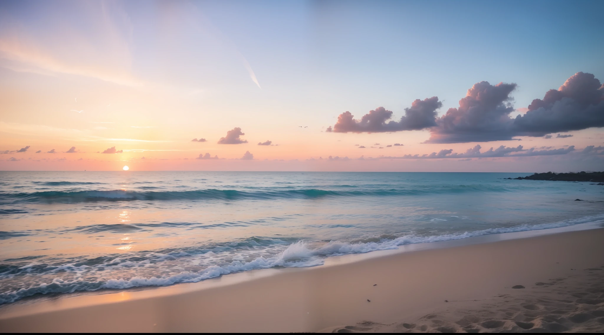 Absolutely mesmerizing sunset on the beach with a mix of oranges, pinks and yellows in the sky. The water is crystal clear, gently kissing the shore, and the white sand is endless. The scenes are action-packed and breathtaking, with seagulls soaring high in the sky and palm trees swaying gently. Immerse yourself in the calm atmosphere and let the serenity surround you.