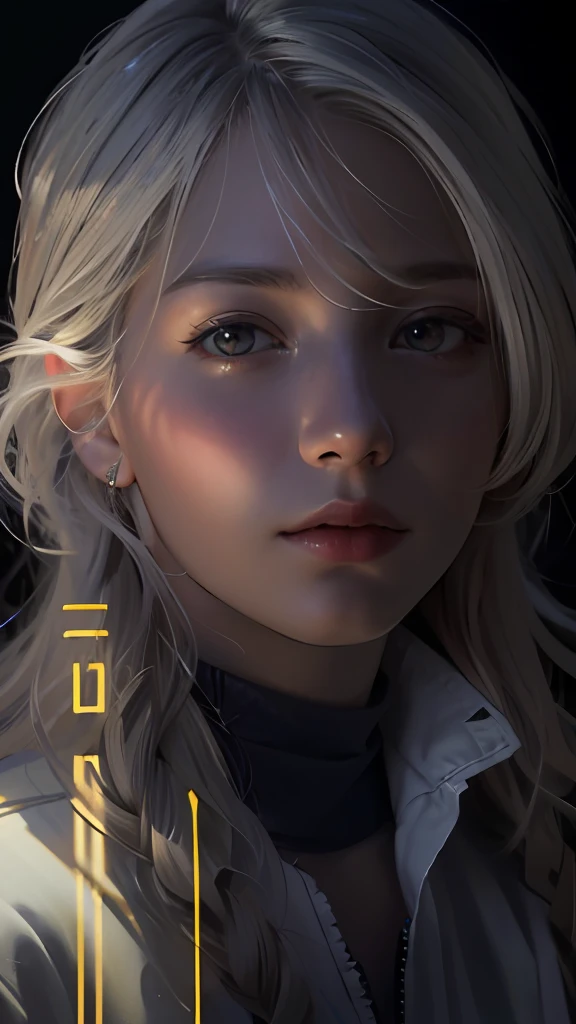 (front focus), (in the dark:1.6), Hyperrealist portrait of female by david hockney and alphonse mucha, fantasy art, photo realistic, dynamic lighting, artstation, poster, volumetric lighting, very detailed faces, 4 k, award winning, 1girl, in the dark, deep shadow, low key, cowboy shot, (official clothing:1.4), long hair, white hair
