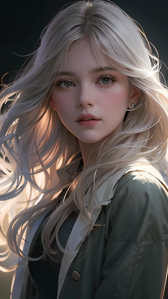 (front focus), (in the dark:1.6), Hyperrealist portrait of female by david hockney and alphonse mucha, fantasy art, photo realistic, dynamic lighting, artstation, poster, volumetric lighting, very detailed faces, 4 k, award winning, 1girl, in the dark, deep shadow, low key, cowboy shot, (official clothing:1.4), long hair, white hair
