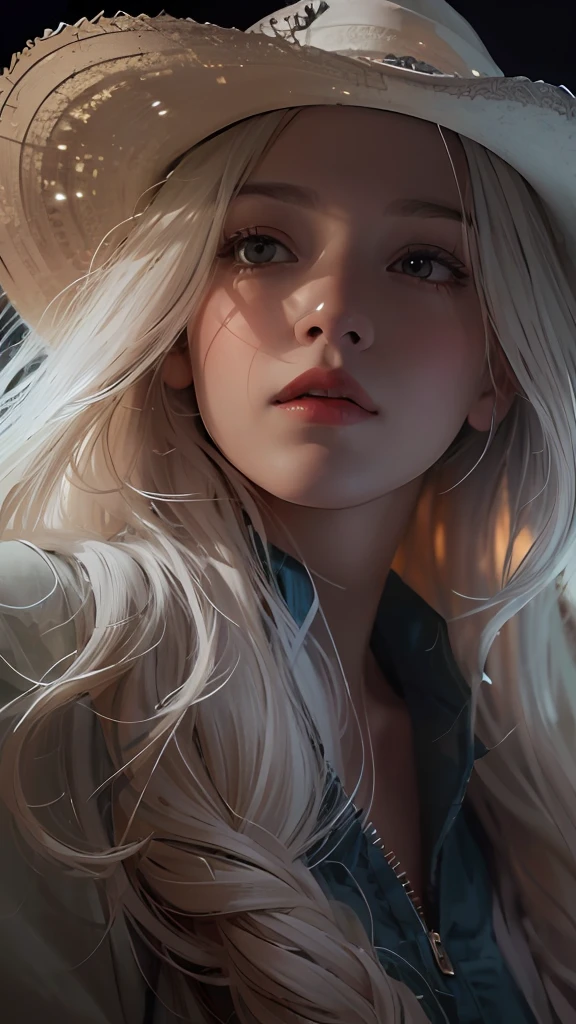 (front focus), (in the dark:1.6), Hyperrealist portrait of female by david hockney and alphonse mucha, fantasy art, photo realistic, dynamic lighting, artstation, poster, volumetric lighting, very detailed faces, 4 k, award winning, 1girl, in the dark, deep shadow, low key, cowboy shot, (official clothing:1.4), long hair, white hair
