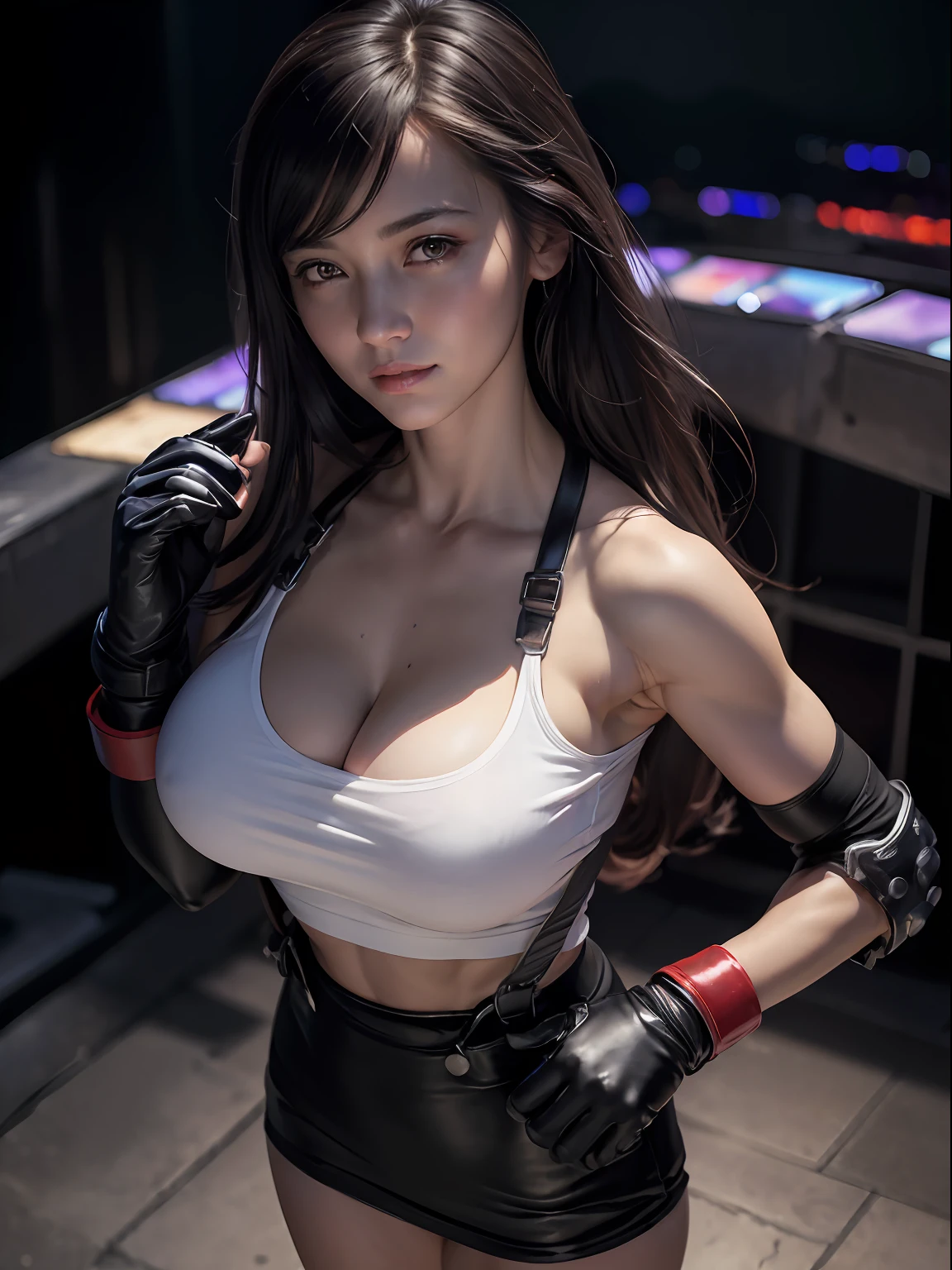 (masterpiece, best quality:1.4), (future days), (from above:1), (1girl:1.2), (solo), (red iris:1.5), (european youth:1), defTifa, white crop top, elbow pad, fingerless gloves, suspenders, pencil skirt, black socks, red boots, full body, medium breast, looking at viewer, sexy smile, futuristic city at night, beautiful face, highly detailed face, highly detailed eyes, highly detailed skin, skin pores, subsurface scattering, realistic pupils, medium breast, full face blush, full lips, detailed background, sfw, depth of field, volumetric lighting, sharp focus, absurdres, realistic proportions, good anatomy, (realistic, hyperrealistic:1.4), 16k hdr,