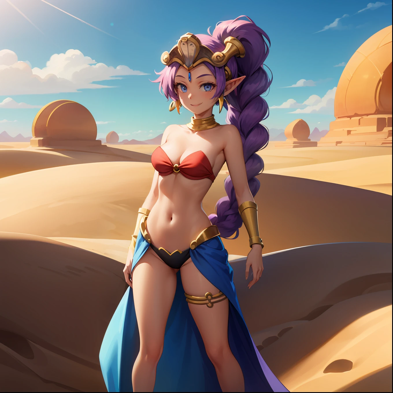 Masterpiece, Best Quality, shantae, extra very long hair, braided ponytail, headdress, Red bloomers, A bracelet, A bracelet, thigh band, looking a viewer, desert, Technological architecture, Smile