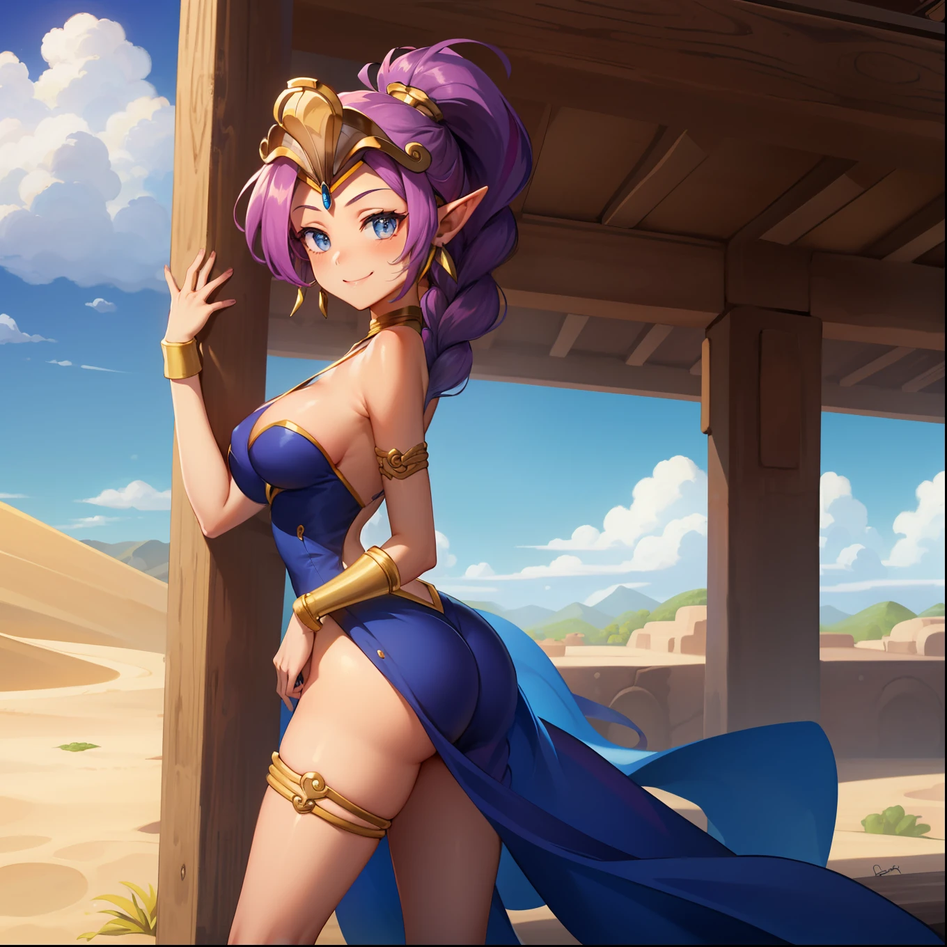 Masterpiece, Best Quality, shantae, extra very long hair, braided ponytail, headdress, Red bloomers, A bracelet, A bracelet, thigh band, looking a viewer, desert, Technological architecture, Smile