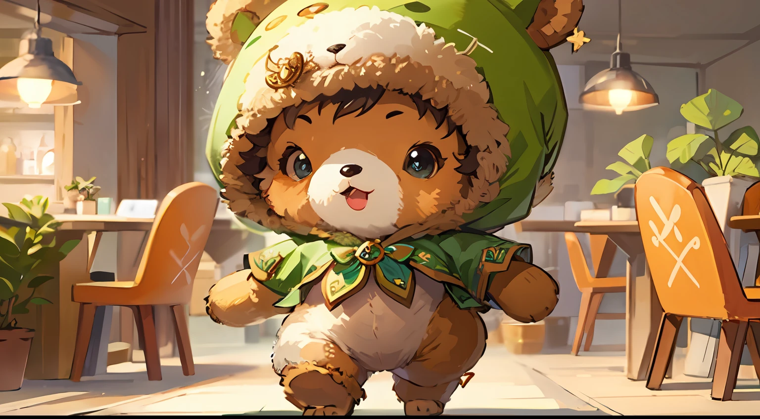 Cute elf character drawn in realistic hand drawn style、I work at a concept café、Today I generated a bright illustration of dancing in a bear costume。