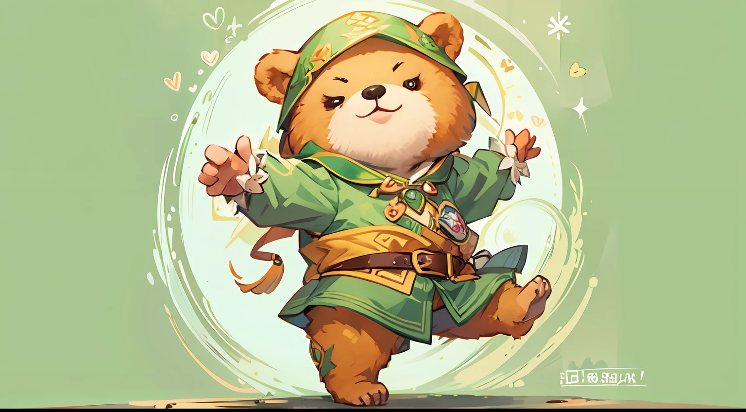 Cute elf character drawn in realistic hand drawn style、I work at a concept café、Today I generated a bright illustration of dancing in a bear costume。