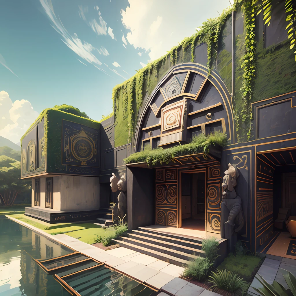 arquitectura azteca futurista, siglo XXI, ventanales, lots of greenery, metallic details