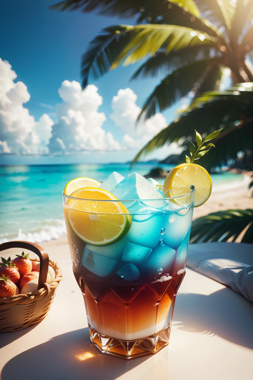 Using the right hand, macro photography depicts picnic scenes themed around a tropical beach holiday in summer. The protagonist of this photo is a cool glass filled with iced carbonated drinks. The lens focuses on glasses, fruit, dazzling midday sun, fisheye lenses, distant views, a hearty meal, (splashed liquid: 1.6), ice, (picnic scene: 0.5) (cute dessert: 0.4), dripping. It's filled with carbonated drinks, translucent liquid, daytime outdoor lights (beach 1.5), tropical plants, hot weather, HD detail, wet watermark, hyperdetail, cinematic, surrealism, soft light, deep field focus bokeh, ray tracing, diffuse (ultra-fine glass reflection), and surrealism.