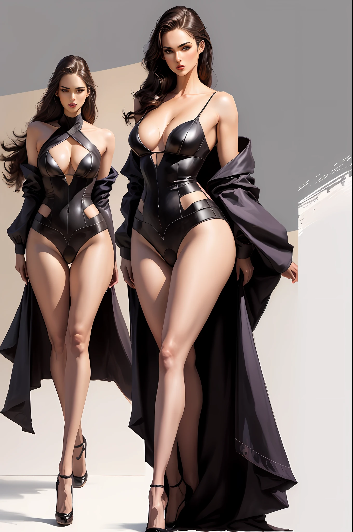 Illustration art，Whole body movement，Sexy woman in sexy clothes，Soprano Woman，Very cool facial expression，Gorgeous background，Great erotic art，painting art，Sexy art，Detailed body part details，long leges，Inspired by J.c.Ryan Decker，Epic European and American illustrations，Tall，The whole body is evenly sexy