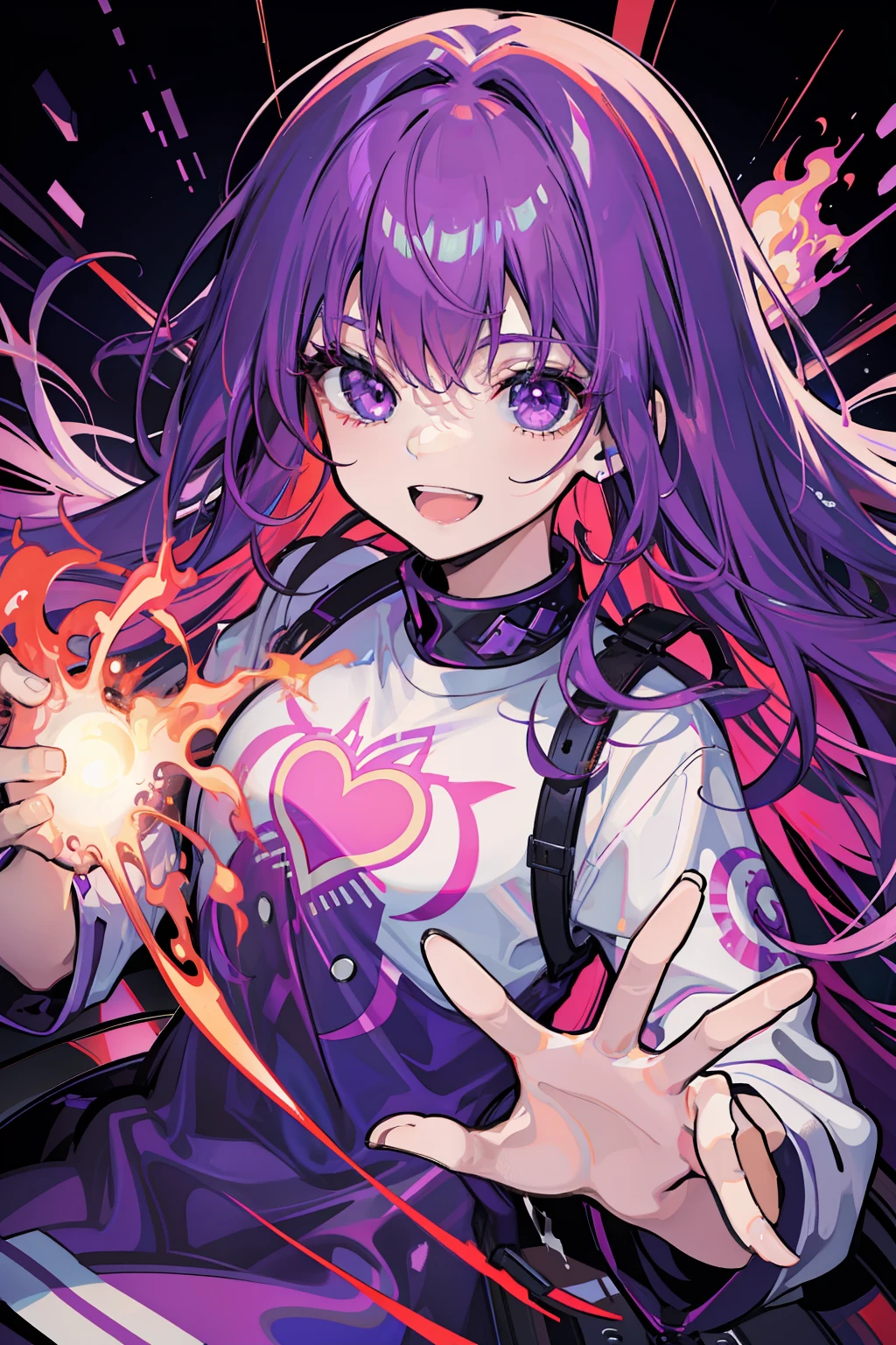 Maniac,ssmile,Deep purple hair,flaming background,Purple eye,frenzied,big laughter,whitet-shirt,pretty hand