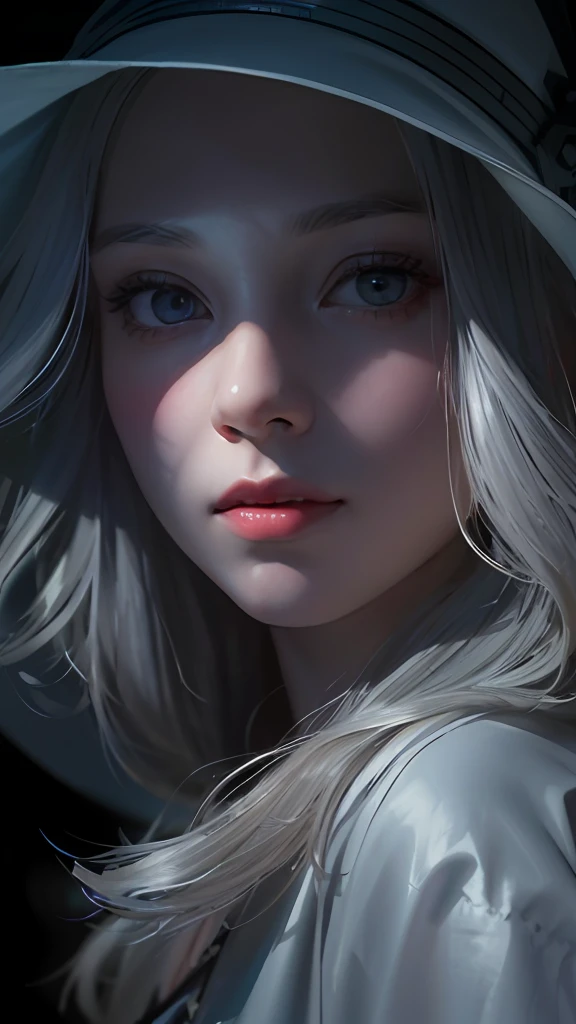 (front focus), (in the dark:1.6), Hyperrealist portrait of female by david hockney and alphonse mucha, fantasy art, photo realistic, dynamic lighting, artstation, poster, volumetric lighting, very detailed faces, 4 k, award winning, 1girl, in the dark, deep shadow, low key, cowboy shot, (official clothing:1.4), long hair, white hair