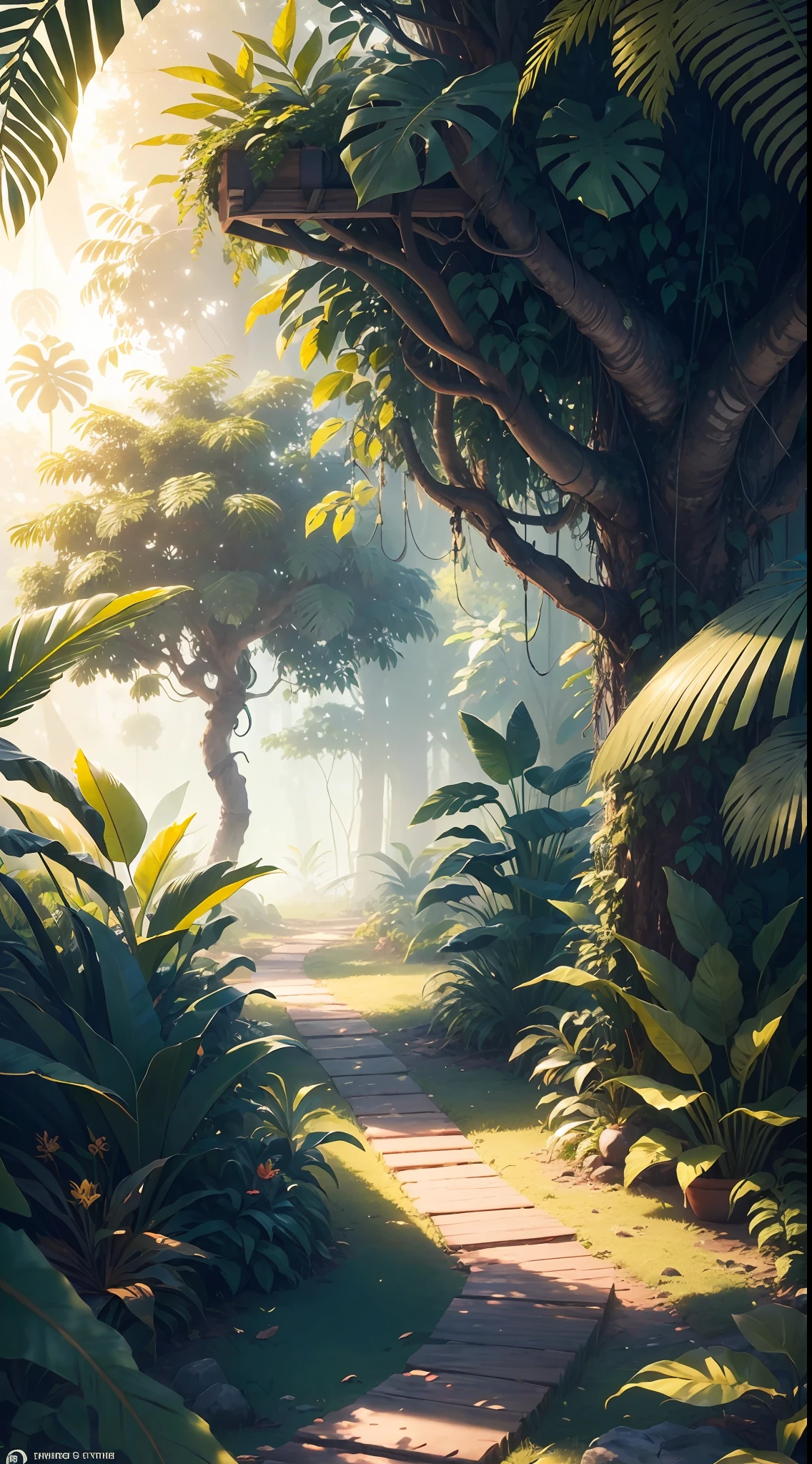 "(ultra-detailed CG unity 8k wallpaper, masterpiece, best quality, depth of field, HDR, intricate), A lush and vibrant jungle with diverse plant life, towering trees, and exotic creatures. Immerse yourself in the rich colors and textures of this tropical paradise. Feel the warmth of the sun filtering through the dense foliage. Capture the sense of adventure and mystery that awaits amidst the wild sounds of chirping birds and rustling leaves. Let your imagination run wild in this captivating jungle setting."