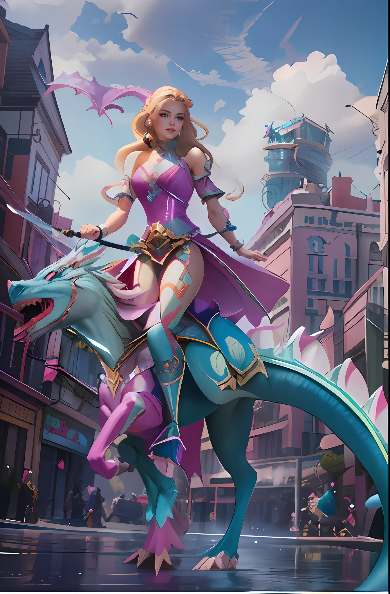 Anime 2.5D - Style image of Queen Barbie riding a dragon in the city, Realistic fantasy illustration, artgerm julie bell beeple, Fantasy art Behance, style ivan talavera and artgerm, digital fantasy illustration, Extremely detailed Artgerm, Fantasy art style, epic digital art illustration, Epic fantasy art style, Epic fantasy digital art style，Refined face，Smile confidently，Firm eyes，warrioress