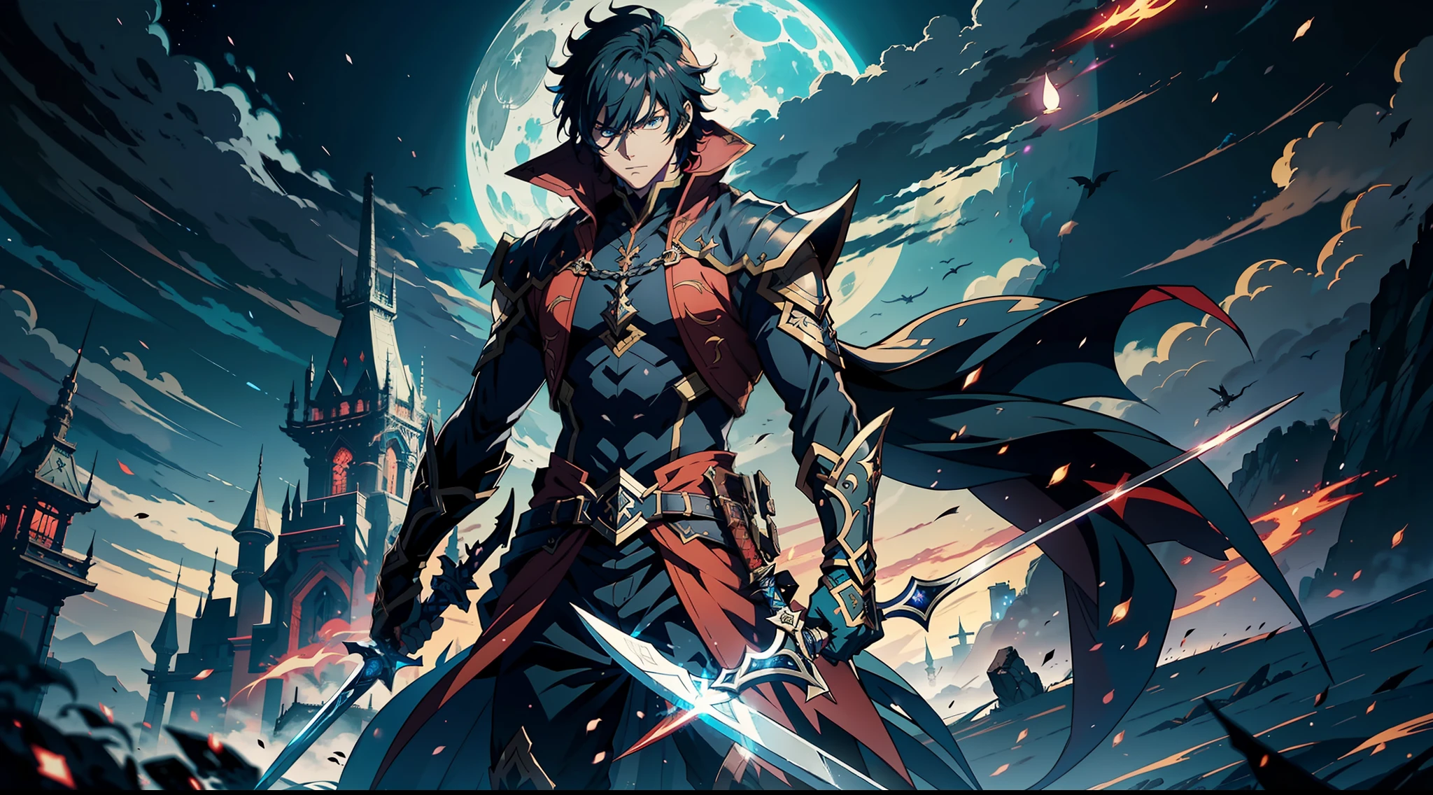 A handsome man with a sword stands in the moonlight，Epic anime artwork，Refined fantasy style，Fantasy anime style，Cool demon hunter，2.5D CGI fantasy anime works，Fantasy fantasy illustration，Beautiful badass anime 8K。