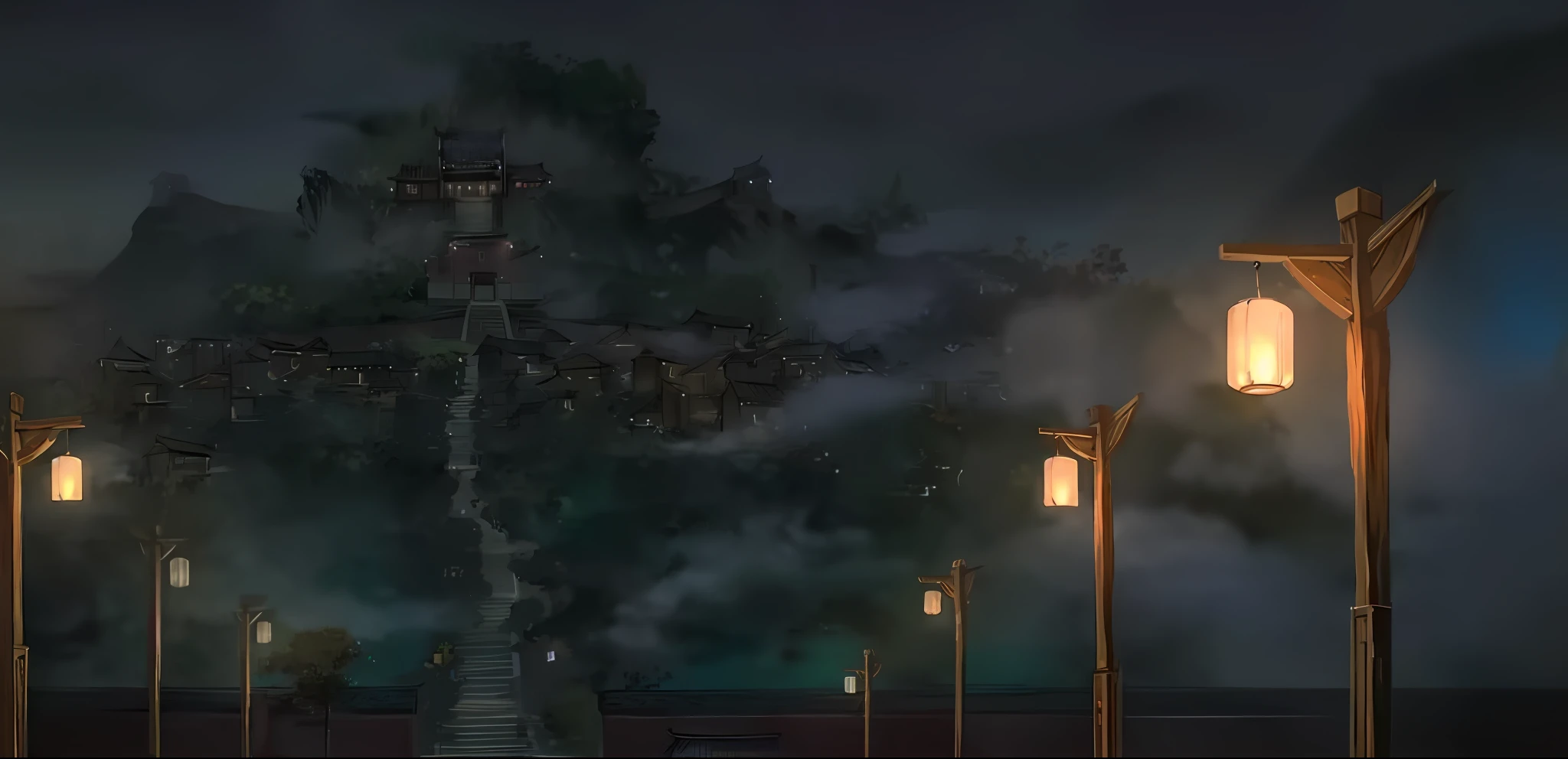 There is a tree，There are stairs leading to the building, Anime background art, Anime landscape concept art, anime backgrounds, nightime village background, anime movie backgrounds, beautiful anime scenes, town background, ghibli spirited away vibe, arte de fundo, Anime landscapes, background artwork, Atmospheric anime, anime atmospheric, dreamy Chinese towns, matte painting arcane dota pixar