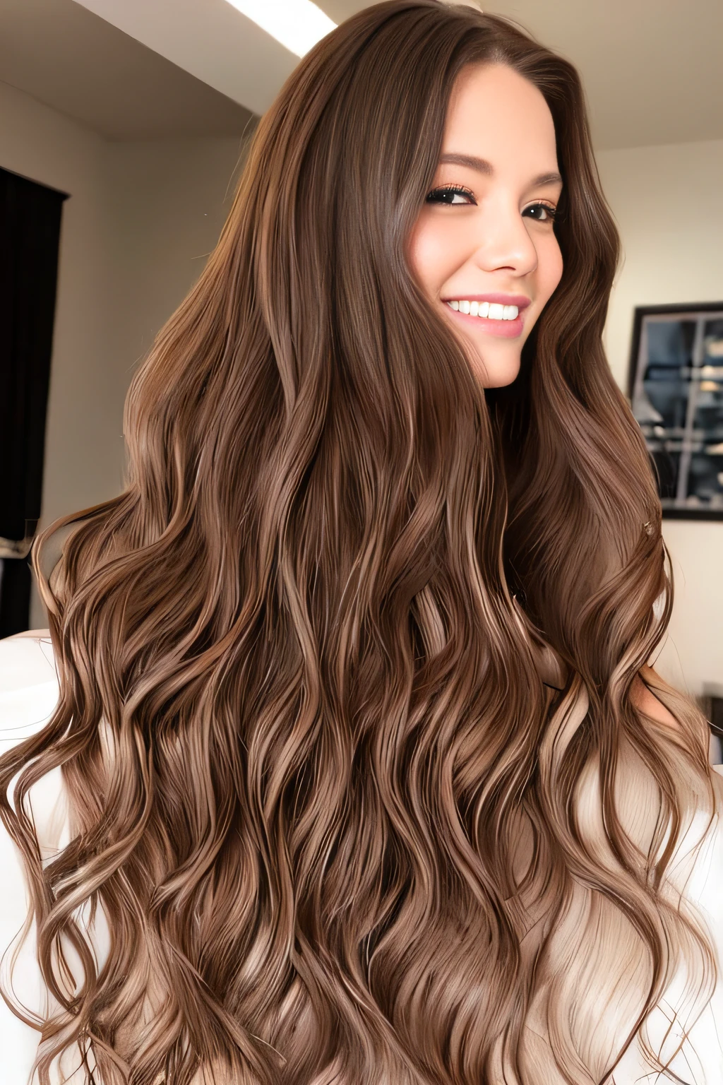 Long hair with long and large waves up to the buttocks　lingerie　Brown hair　Colossal tits　A big smile