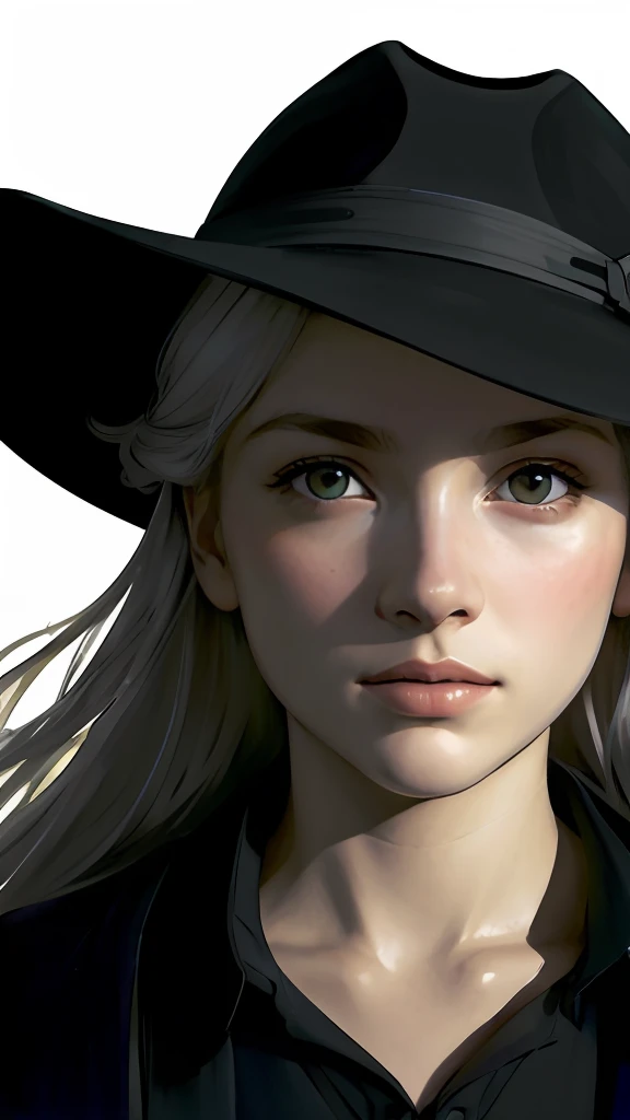 (front focus), (in the dark:1.6), Hyperrealist portrait of female by david hockney and alphonse mucha, fantasy art, photo realistic, dynamic lighting, artstation, poster, volumetric lighting, very detailed faces, 4 k, award winning, 1girl, in the dark, deep shadow, low key, cowboy shot, (official clothing:1.4), long hair, white hair