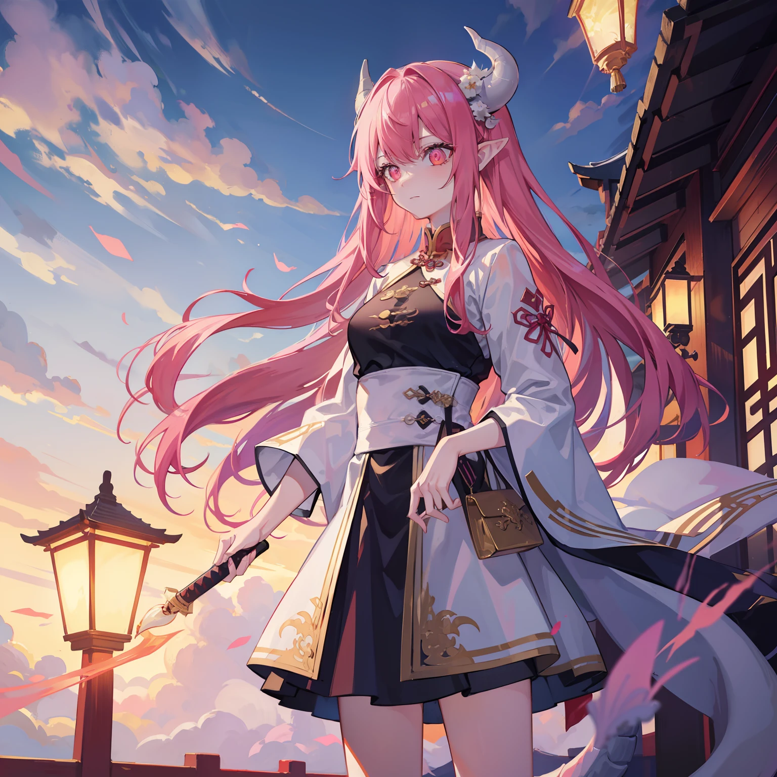 tmasterpiece，Best quality at best，A girl with pink hair，Pale yellow glowing eyes，Dragon tail，Hold the token in your left hand，Behind him was a long sword，It has white dragon horns on its head，surrounded by cloud，Black national trend clothing，China-style，lamplight，Brighter，