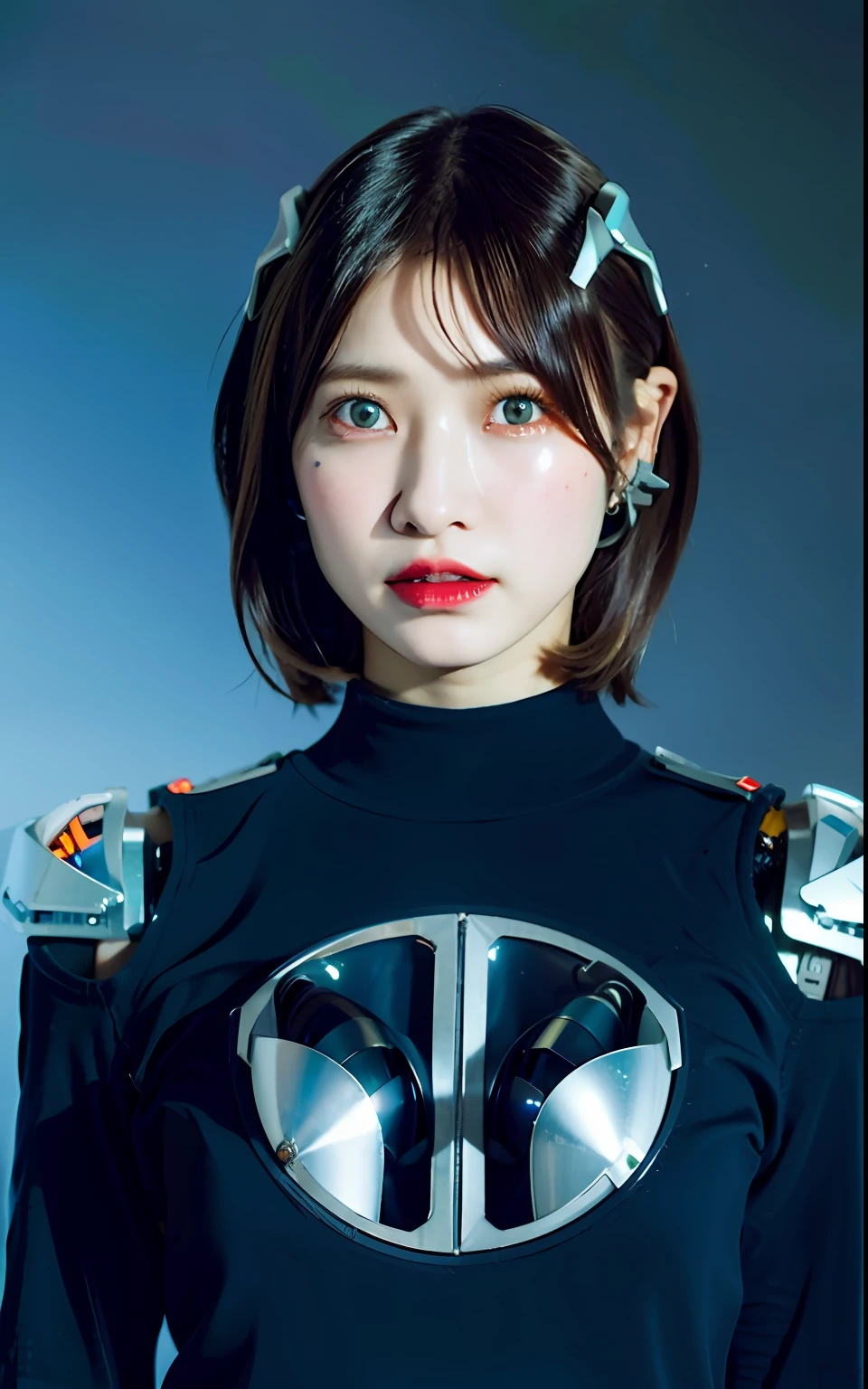 best quality, ultra high res, (photorealistic:1.4), 1 girl, (ulzzang-6500:0.7), (cyborg clothes:1.4), (short hair :1.3), blue hair, intricate earrings, mecha, sci-fi, robotic wires,