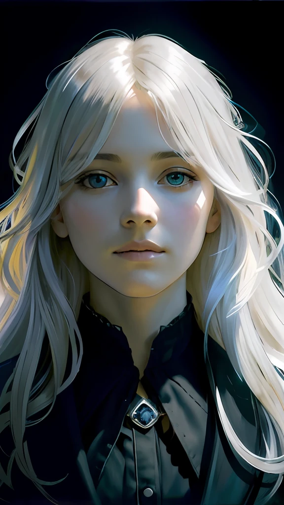 (front focus), (in the dark:1.6), Hyperrealist portrait of female by david hockney and alphonse mucha, fantasy art, photo realistic, dynamic lighting, artstation, poster, volumetric lighting, very detailed faces, 4 k, award winning, 1girl, in the dark, deep shadow, low key, cowboy shot, (official clothing:1.4), long hair, white hair