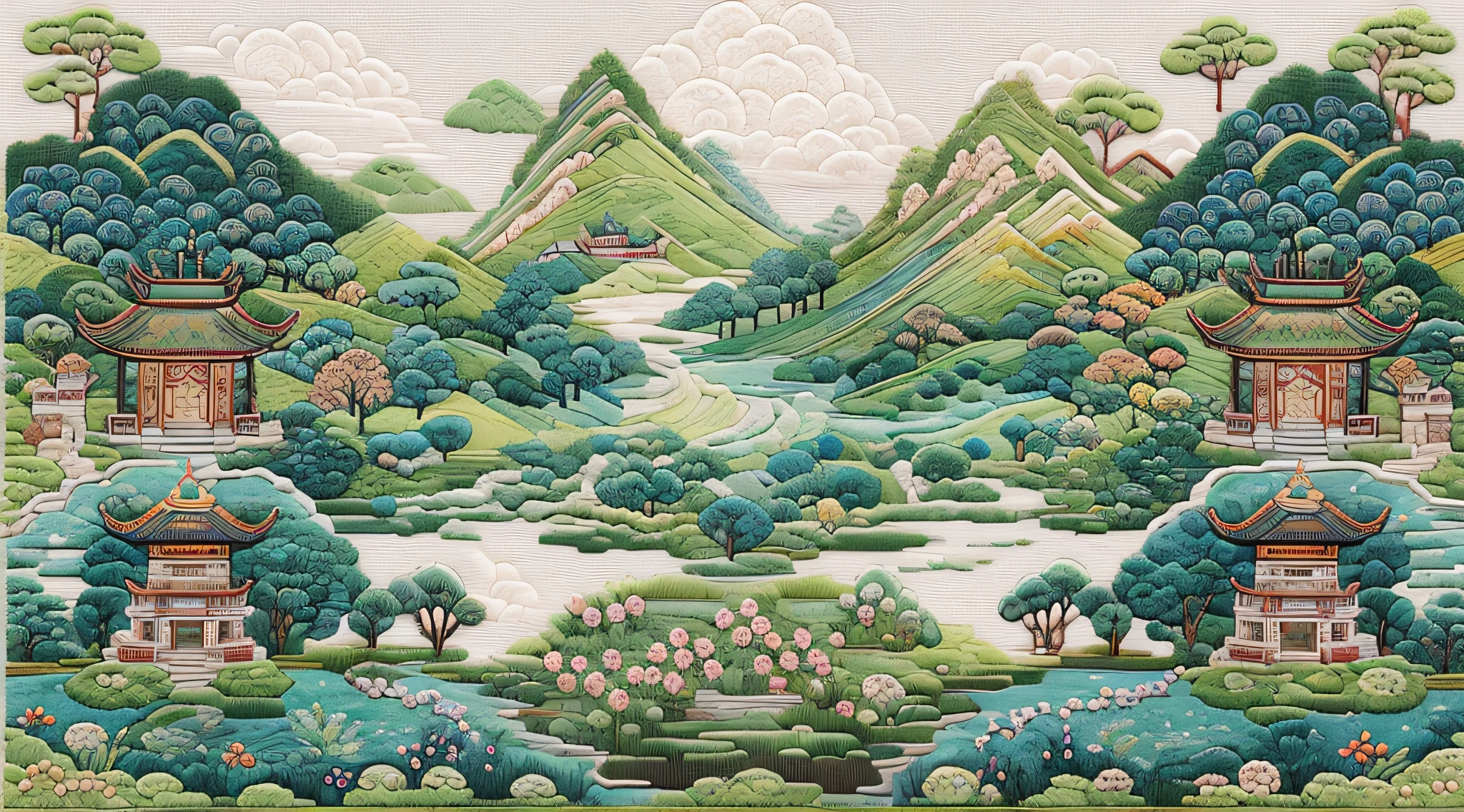 （Cross-stitch landscape，Embroidered landscape），Antique game scene design，peacock，lotuses，A blue sky，White cloud，Chinese landscape painting OC rendering sculpture