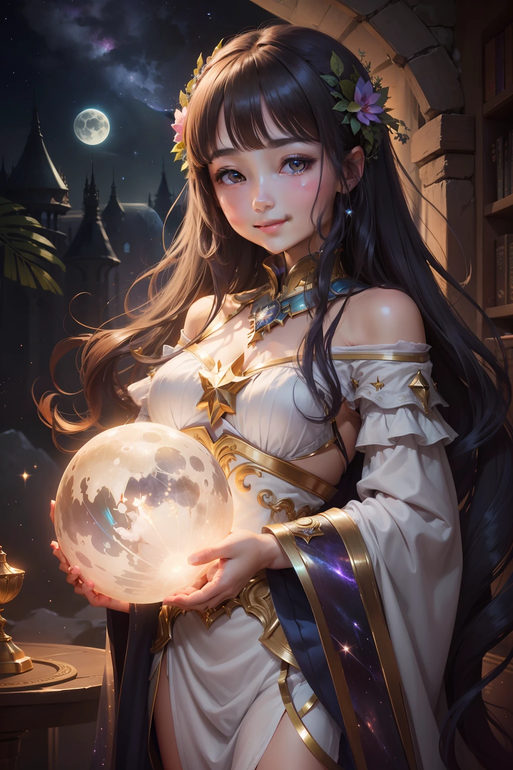Beautiful girl with a smile、fullmoon、Iridescent Galaxy、universes、beauttiful stars、Mysterious art、Mysteries of the universe、Fantasyart、Distant stars、The Abyss of the Universe、Lumiere、Shines、Inner peace、Unknown、absurderes