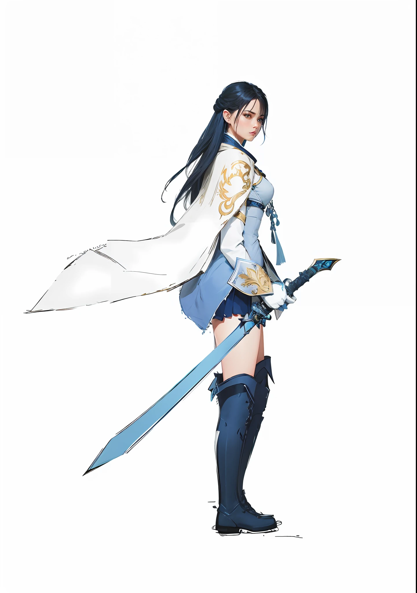 Original Drawing，Photo of a woman with a sword and a cloak, Blue streamer on the chest，Holding a blue sword, ,Black color hair，White gloves，The gloves are decorated with golden arrows，Dark blue boots，White cape，，Blue streamer trim at chest，Clothes light white and blue gradient，Dark blue leggings，Xianxia，ccurate，lightand shade contrast