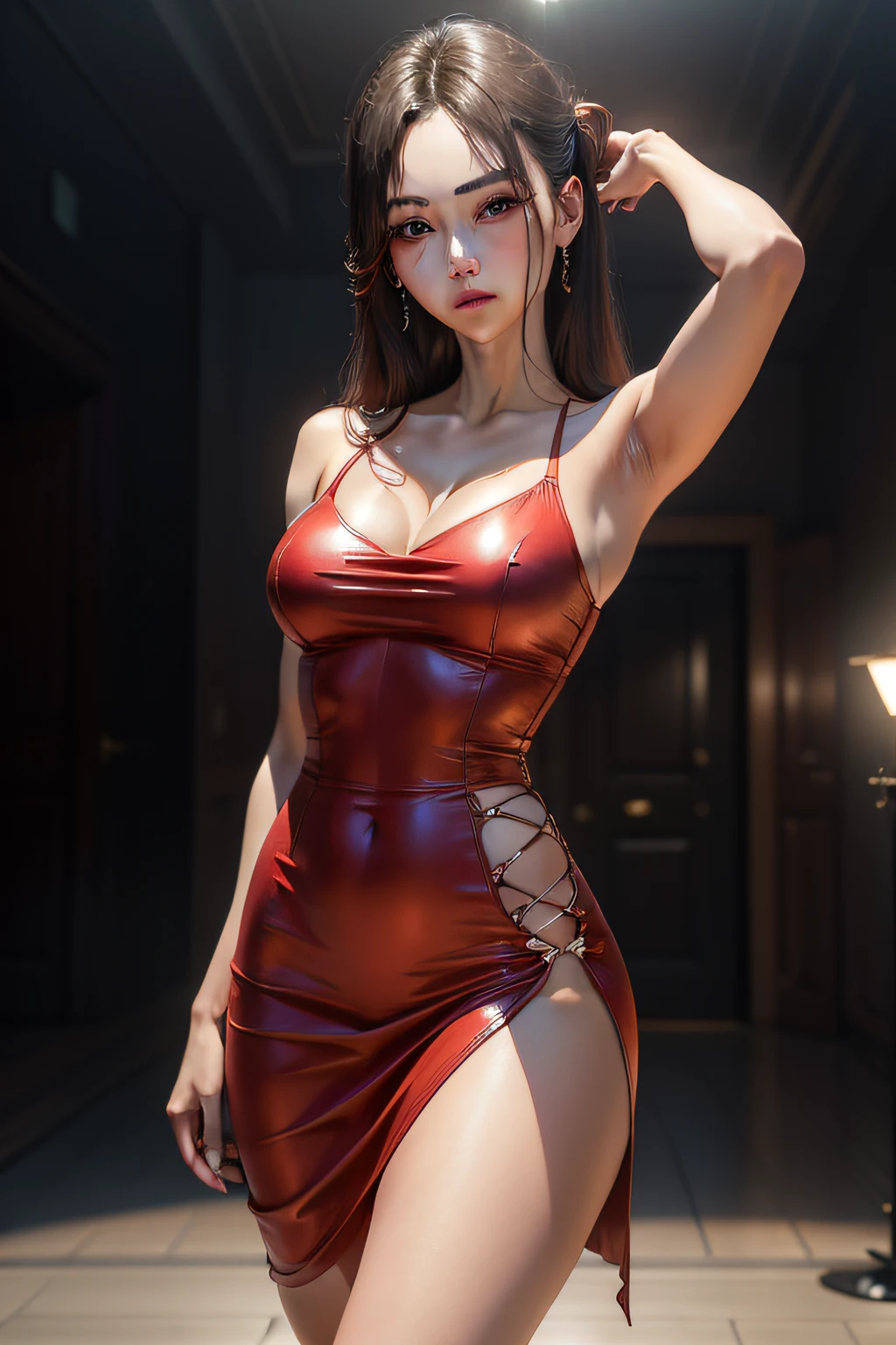 Ace, 4k, High Resolution, Masterpiece, Best Quality, Head: 1.3, (Korean K-pop Idol), Delicate Skin, Sharp Focus, (Cinema Lighting), Clavicle, Morning, Soft Light, Dynamic Angle, [:(detailed face:1.2):0.2], armpit wrinkles, thigh gap, red dress, slim, mid-chest, cleavage, full body,