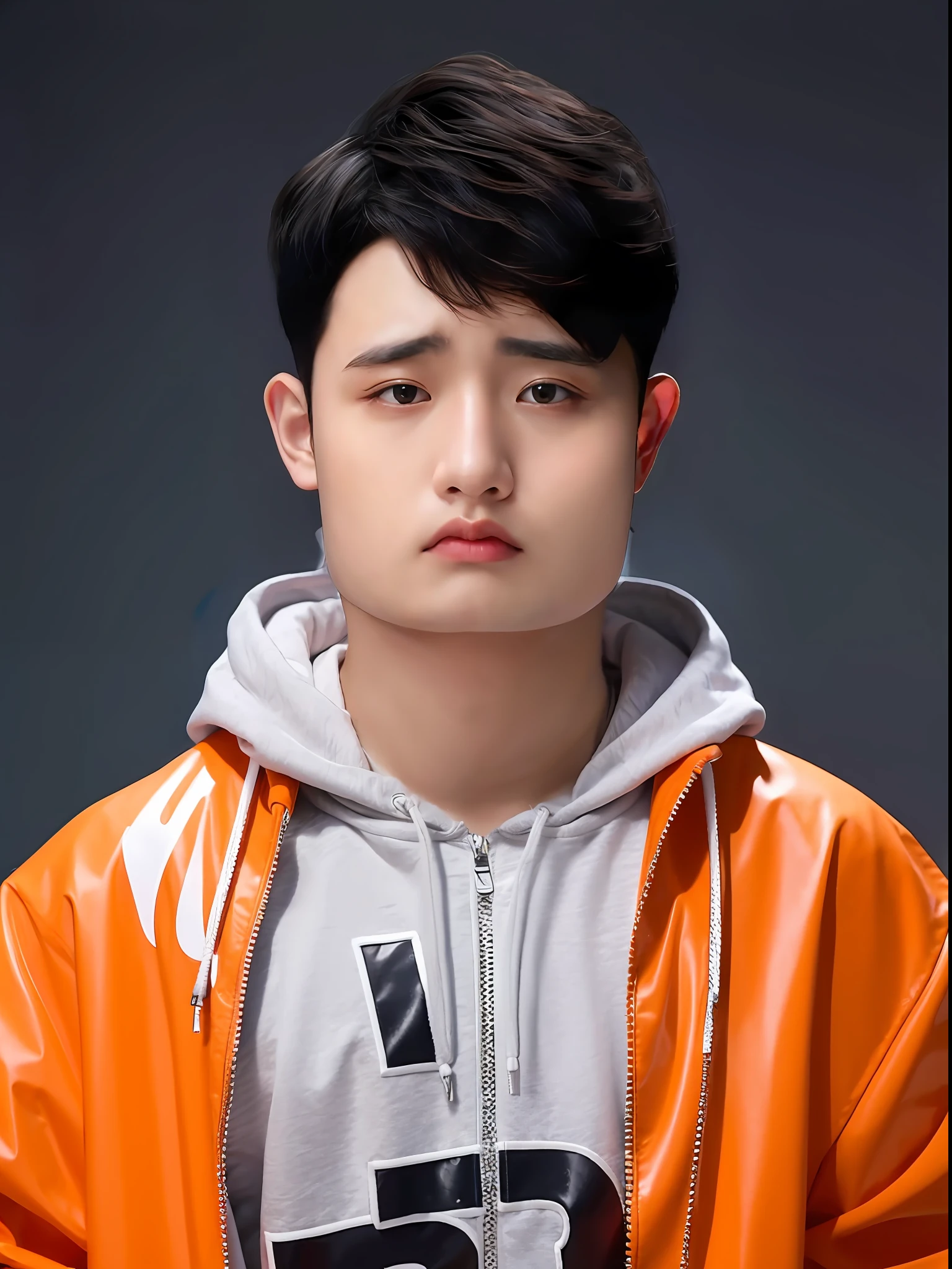 A Chinese male high school student，Wear a PVC casual sweatshirt，There are zippers，hair orange