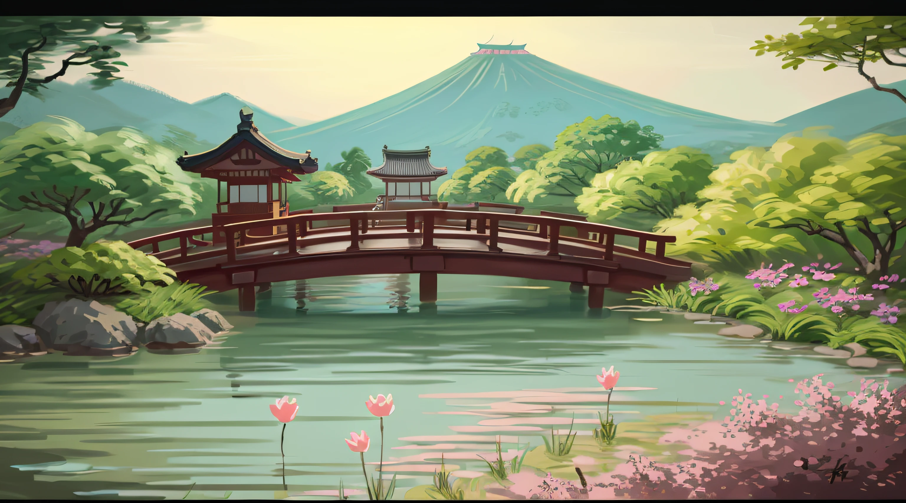 (digital painting),(best quality), (buildings:1.3), serene Japanese garden, cherry blossoms in full bloom, koi pond, footbridge, pagoda, Ukiyo-e art style, Hokusai inspiration, Deviant Art popular, 8k ultra-realistic, pastel color scheme, soft lighting, golden hour, tranquil atmosphere, landscape orientation