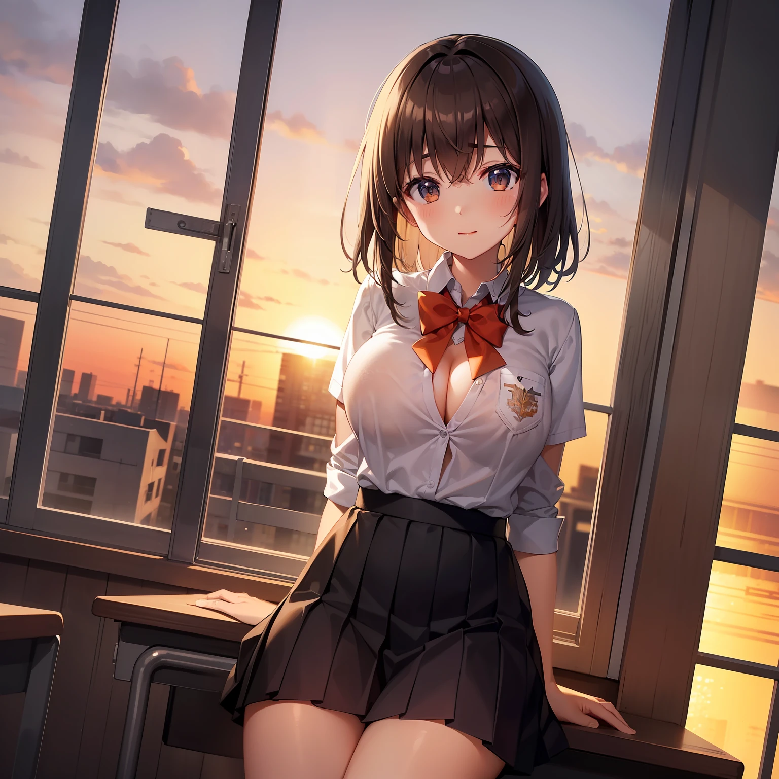 ‎Classroom　early evening　sit on desk　Kamimei　Brown hair　cleavage of the breast　View here　Black School Uniforms　Button is detached　Hair strands　Sunset through the window　Orangey brightness　Embarrassing