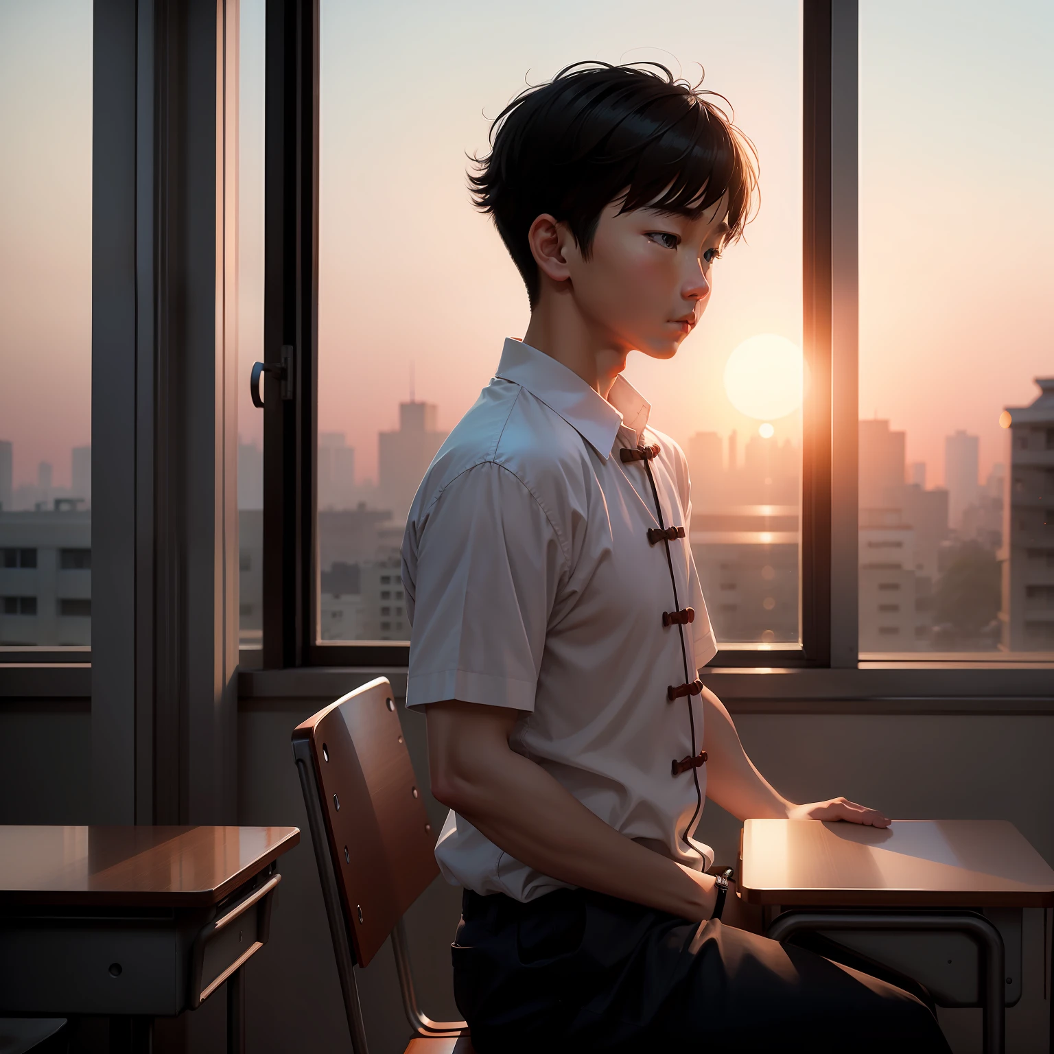 china boy, Classroom window, Sunset sketch。