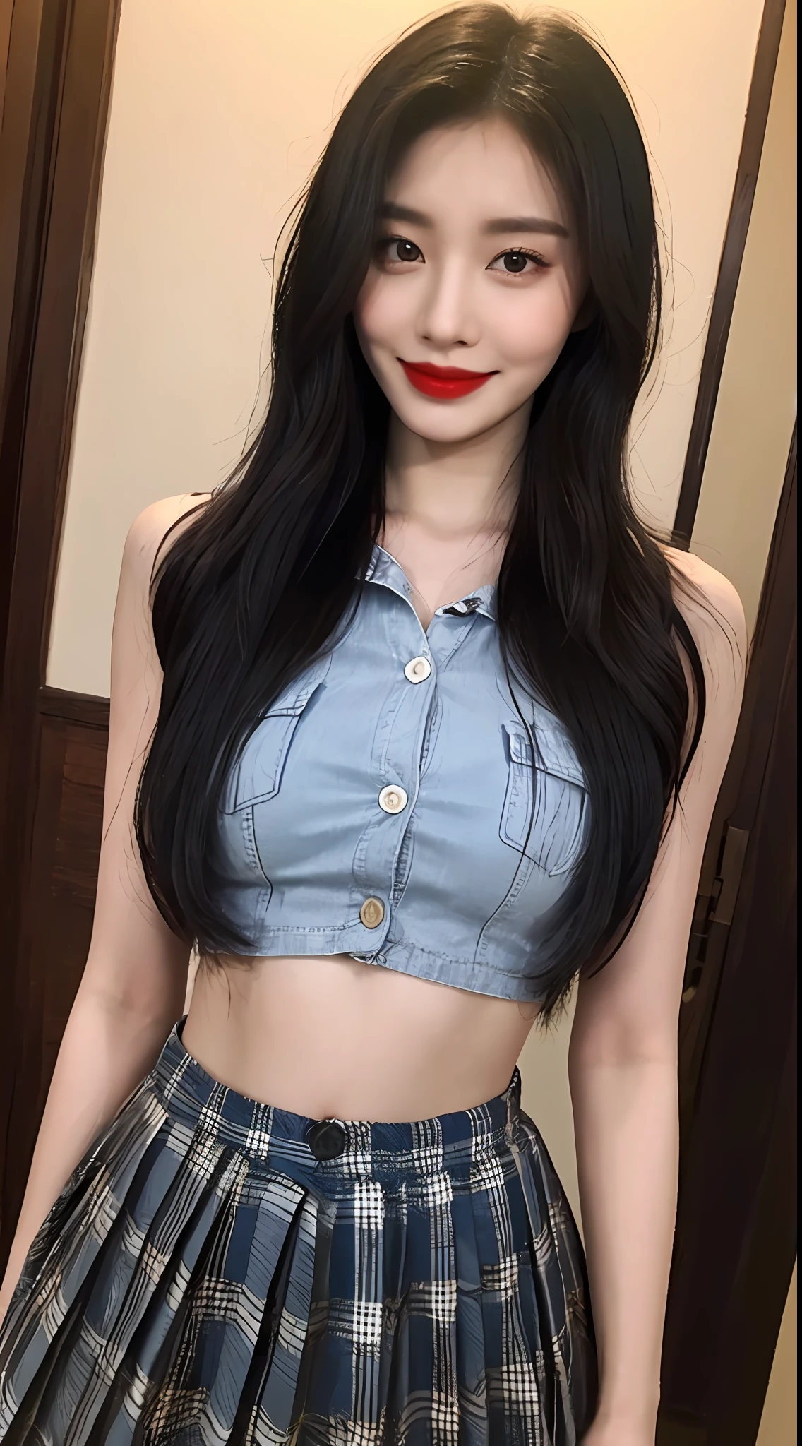 high detal,8K分辨率,超高分辨率,Best image quality,a beauty girl,lipsticks,Love pupils,Peerless beauty,Messy black straight hair,shoulder-length short hair,(Coiled hair)Smooth hair,Intense and beautiful makeup,Exquisite and perfect facial features,the most beautiful big eyes,Be red in the face,Sweet smile,(Wearing a blue lace shirt with buttons,tiese ,Plaid pleated skirt)Open navel,Thin waist,(Full breasts)Get close to the viewer,dynamic angle,Extreme picture quality,Highest accuracy