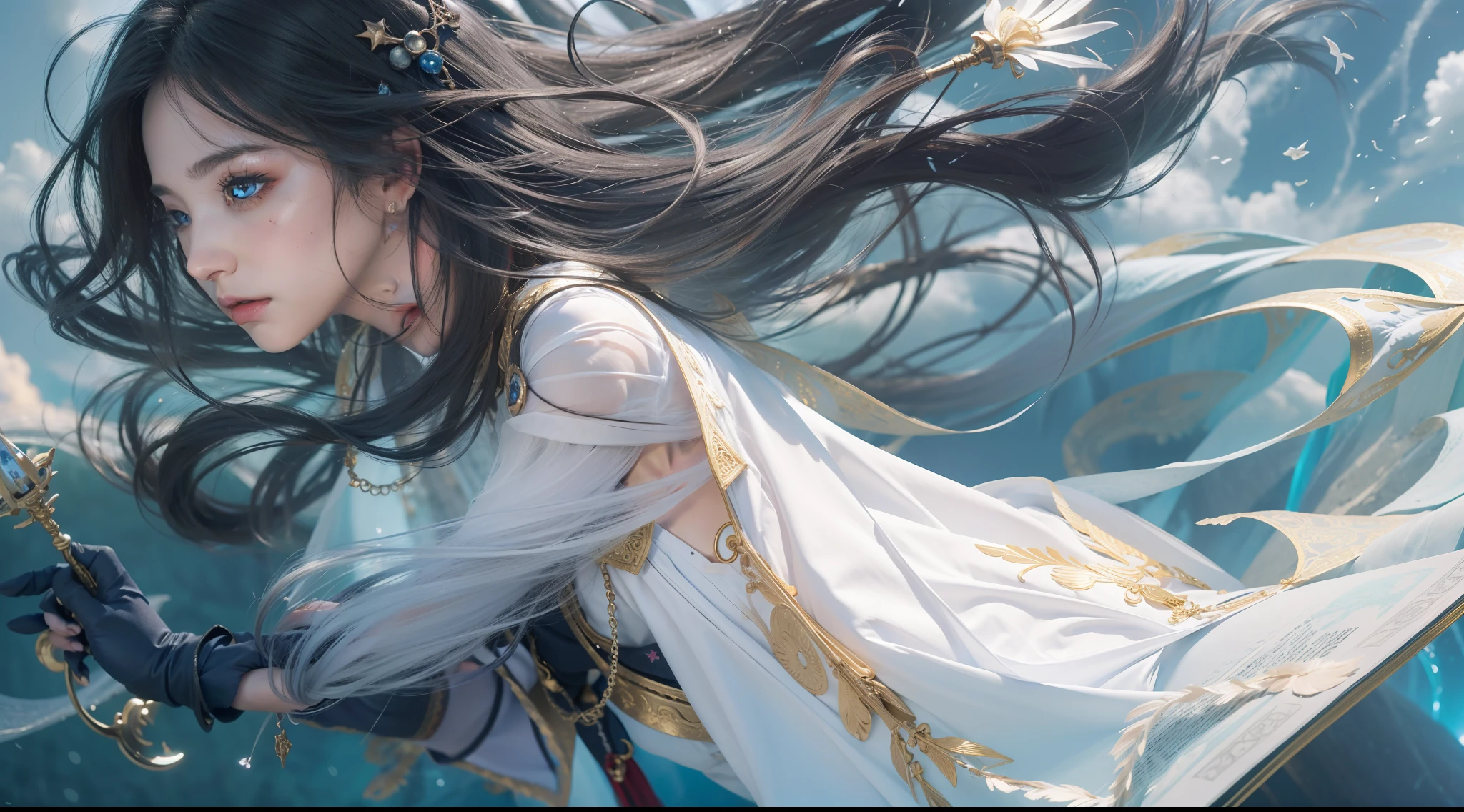 Above the rising clouds,Daytime, Dark, (Fantasy),infinite,deep blue sky,The abyss of knowledge,Cowledge,((masutepiece)), (((Best Quality))),((Beautiful fine eyes)),(Eye lashes)、Realistic clouds、Very beautiful face、The ultra -The high-definition、sea of clouds、beautiful a girl、(1人)、Black hair、The long-haired、abyss eyes、glowy skin、oils、small tits、Perfect human body structure、Wizard's Red Robe、tattered cloth、Realistic coat、Tee、Super delicate CG Unity 32k wallpaper、photoRealstic、masterpiece, ((ultra-detailliert)), ((illustratio)),colourfull,wall-paper,The energy,Unknown terror,Incomprehensible,Around the magic,Magical surroundings,magic wands,Boken,Flying pages,Know everything,Predict the future、Get to know the past、Infinite wisdom、blue flames、Warlock、magic circles、Pentagram、Spells、mantra、Singing magic