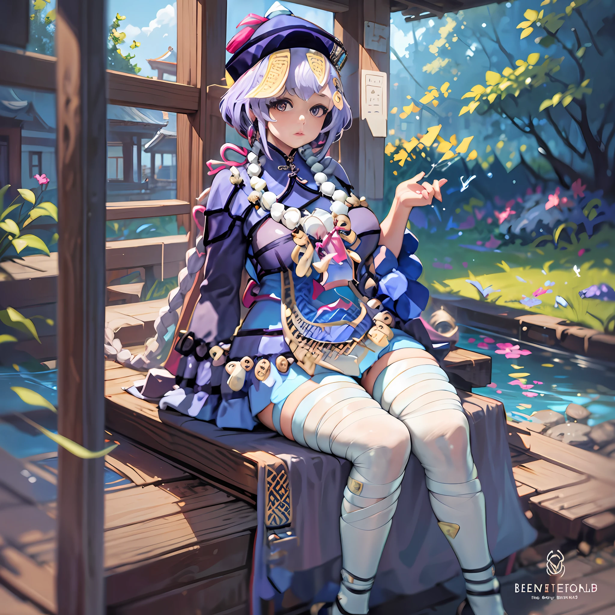 Qiqi Genshin Impact, full body, (NSTDA.:1.2), (10, best-quality, masterpiece: 1.4), ultra high resolution, (realistic, realistic: 1.48), 25 years old, Cute girl, , famous Japanese actress, huge breasts, blue eyes, head tilted, cowboy shot, from the front, looking at viewer, emotionless, beautiful lake, Zeiss 150mm F/ 2.8 Hasselblad, in court. Japanese, full body, feet, ultra wide angle
