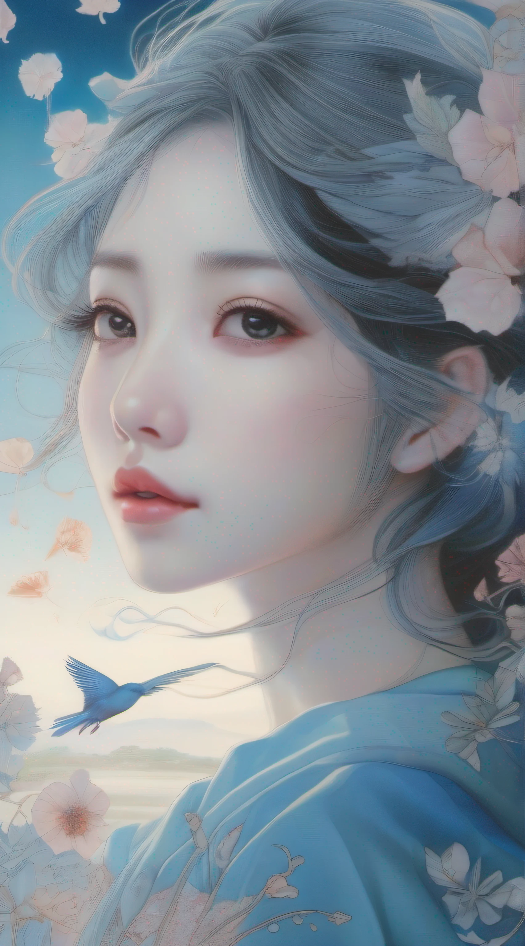 In the style of a Taiwanese newspaper cover, Miho Hirano, Contemporary realist portraiture style, Birds & Flowers, A realistic depiction of the human form, Sky blue and indigo, gentle expressions, Close up, Arabesque --AR 58:77 -- Aspect 9:16 --niji --aspect 9:16