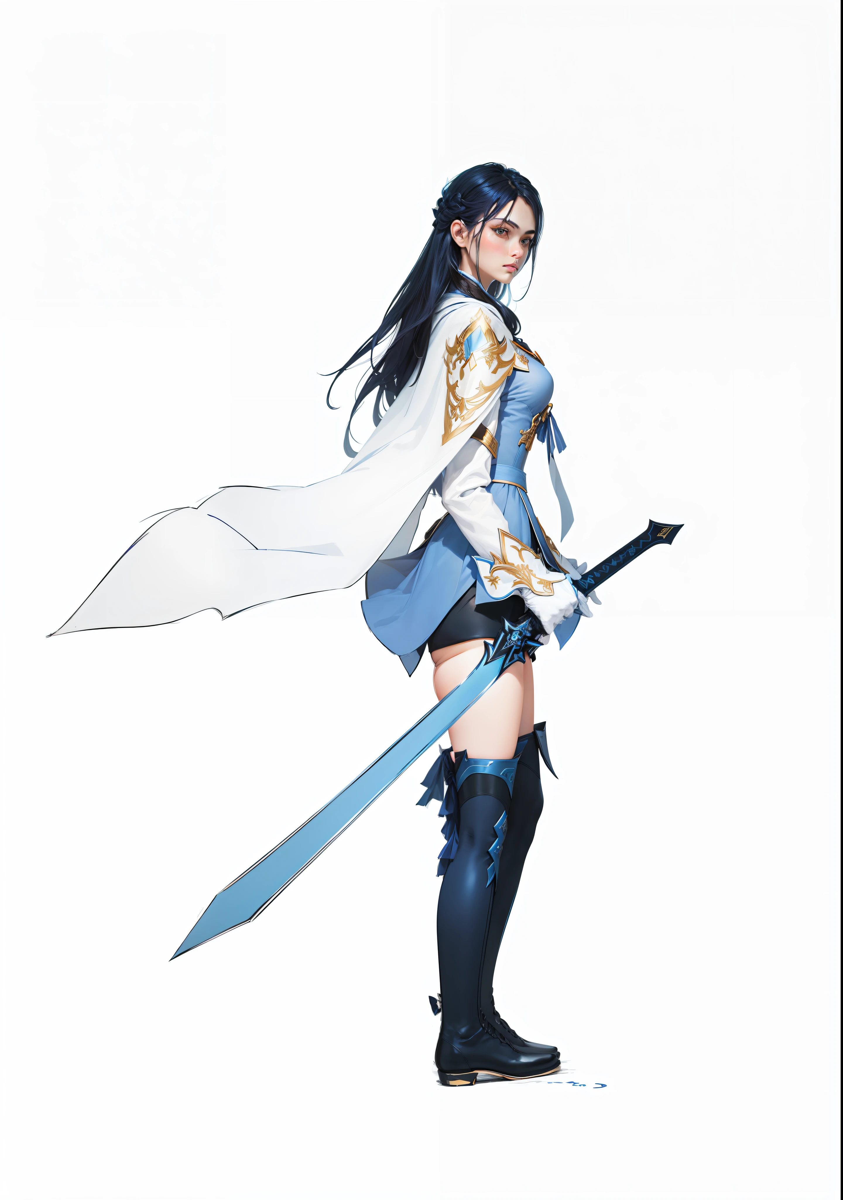Original Drawing,A picture of a woman with a sword and a cape, Blue streamers on the chest,Holding a blue sword, ,black color hair,White gloves,The gloves are decorated with golden arrows,Dark blue boots,White cape,There are gold-tone metal striped trims on the shoulders,Blue streamer trim on chest,Clothes light white and blue gradient,Dark blue leggings,Xianxia,ccurate,lightand shade contrast