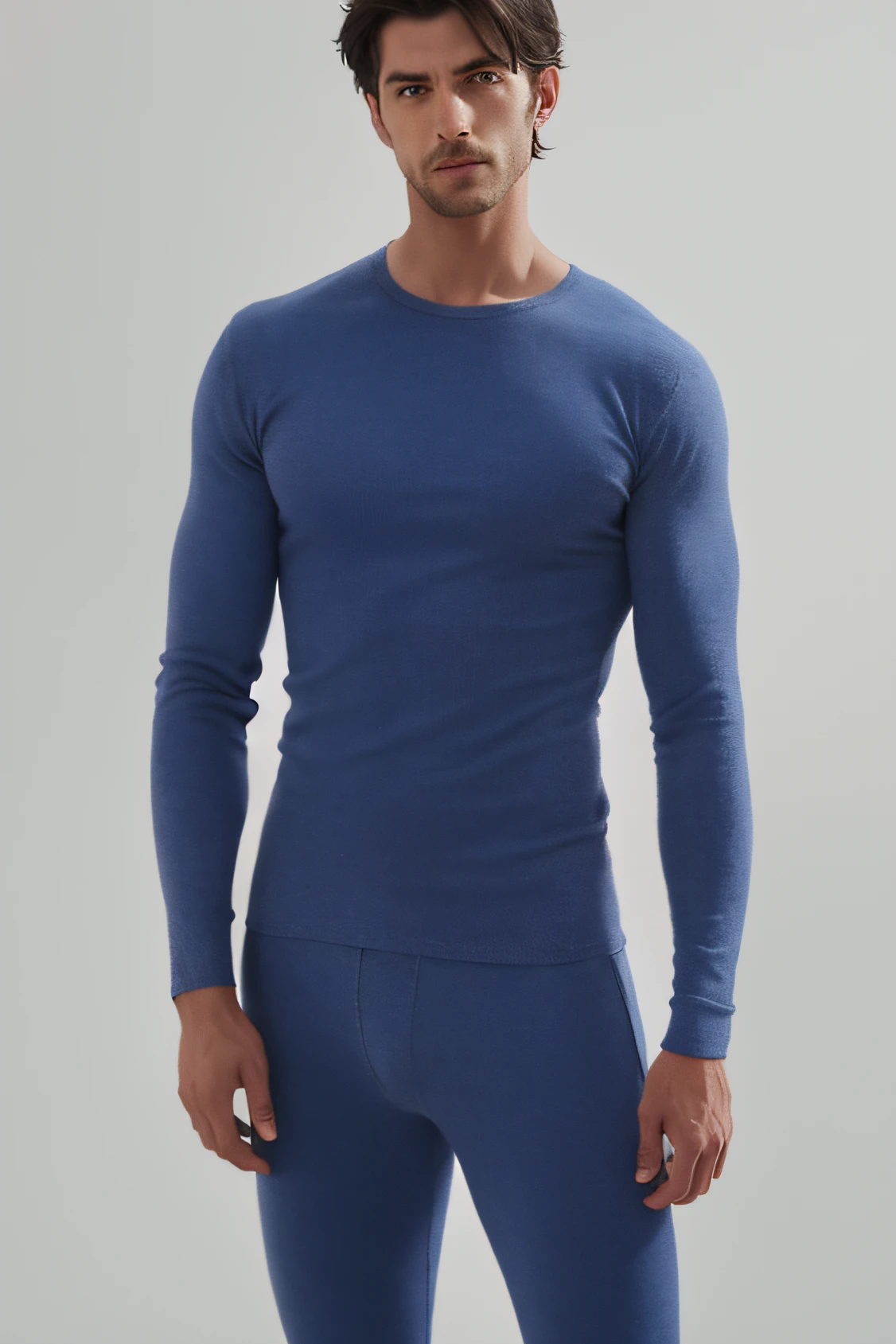 Arafeld man in a blue shirt and blue pants poses for a photo, Long sleeves, charles, Cold, j. dickenson, j.dickenson, Official product image, Dark blue, lifestyle, pyjamas, Marc, george, medium blue, Steph, comfortable, Sweat, bottom angles, thomas, Nicholas, edward, blue underwear