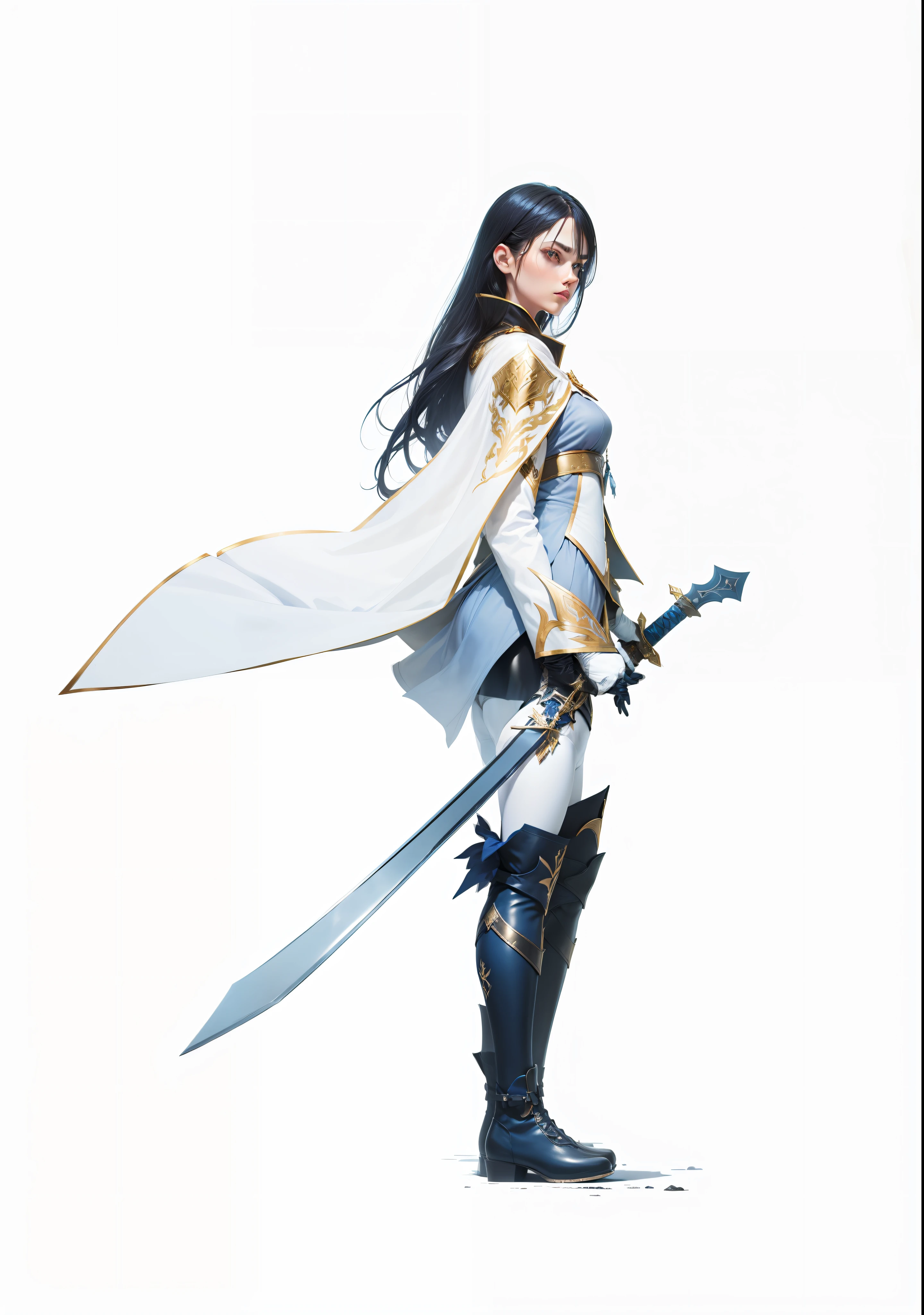 A picture of a woman with a sword and a cape, she is holding a sword, The long sword in her hand,black color hair,White gloves,The gloves have gold decorations in the shape of arrows,Dark blue boots,White cape,There are gold-tone metal striped trims on the shoulders,Blue streamer trim on chest,Clothes light blue gradient,Dark blue leggings