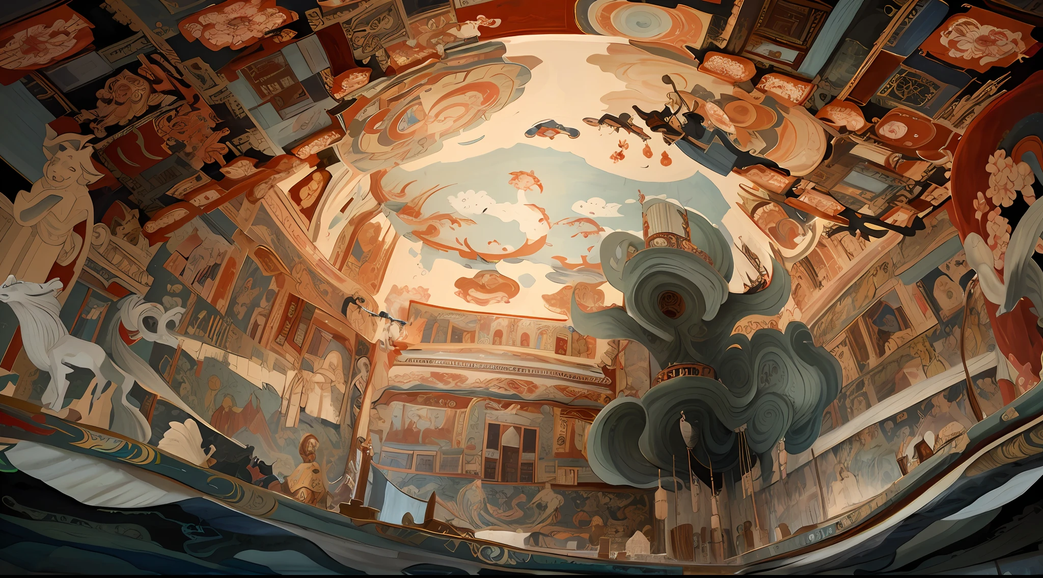 There is a ceiling in the building，There is a painting on it, painting on the ceiling, intricate frescoes, botticelli and victo ngai, Mogao Grottoes, wall paintings, ultradetailed, Wall painting