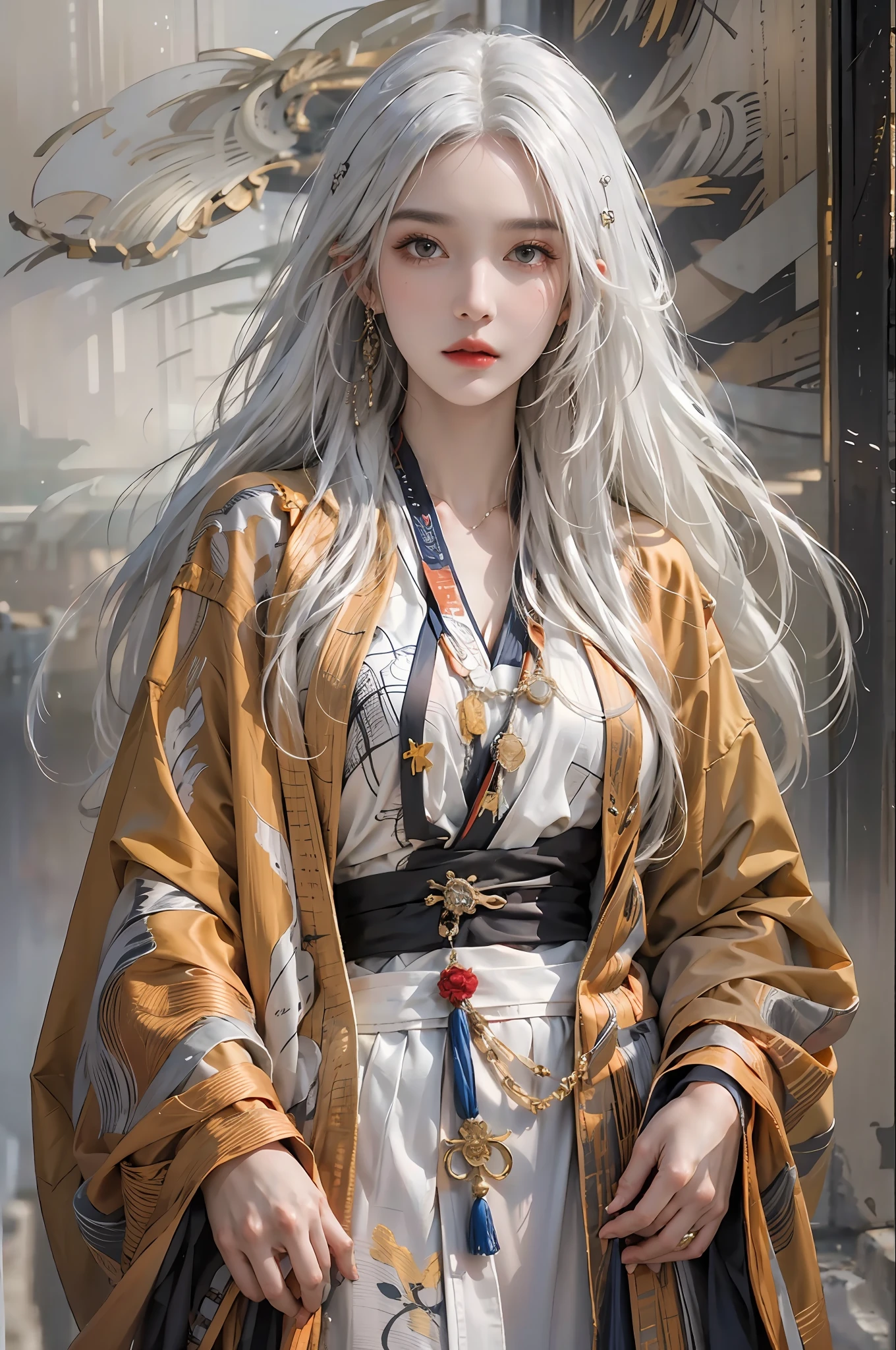 photorealistic, high resolution, 1women, solo, hips up, look at viewer, (detailed face), white hair, long hair, Taoist robe,oversized clothes, midjourney portrait, jewelry