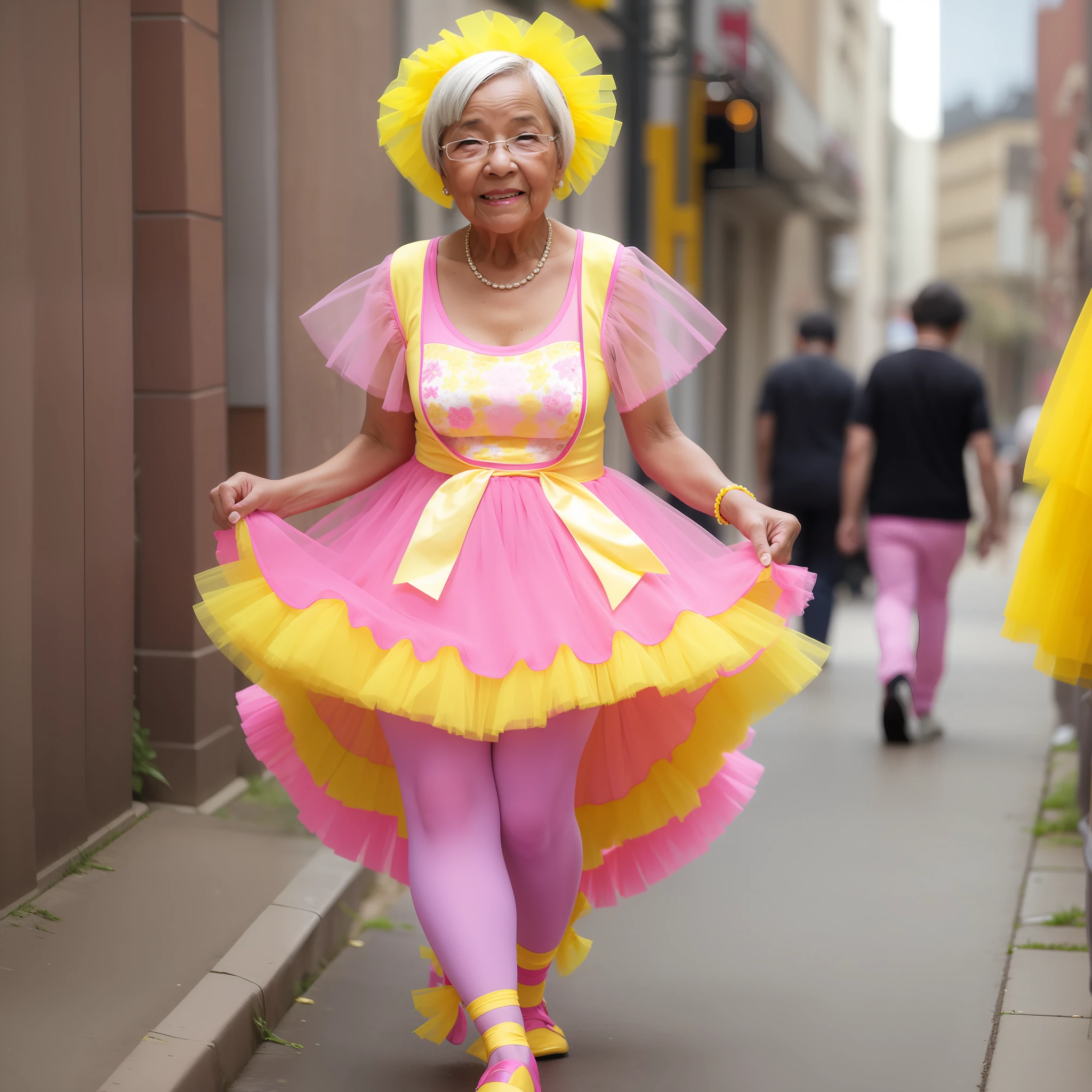 80-year-old woman dressed in pink and yellow tutu.