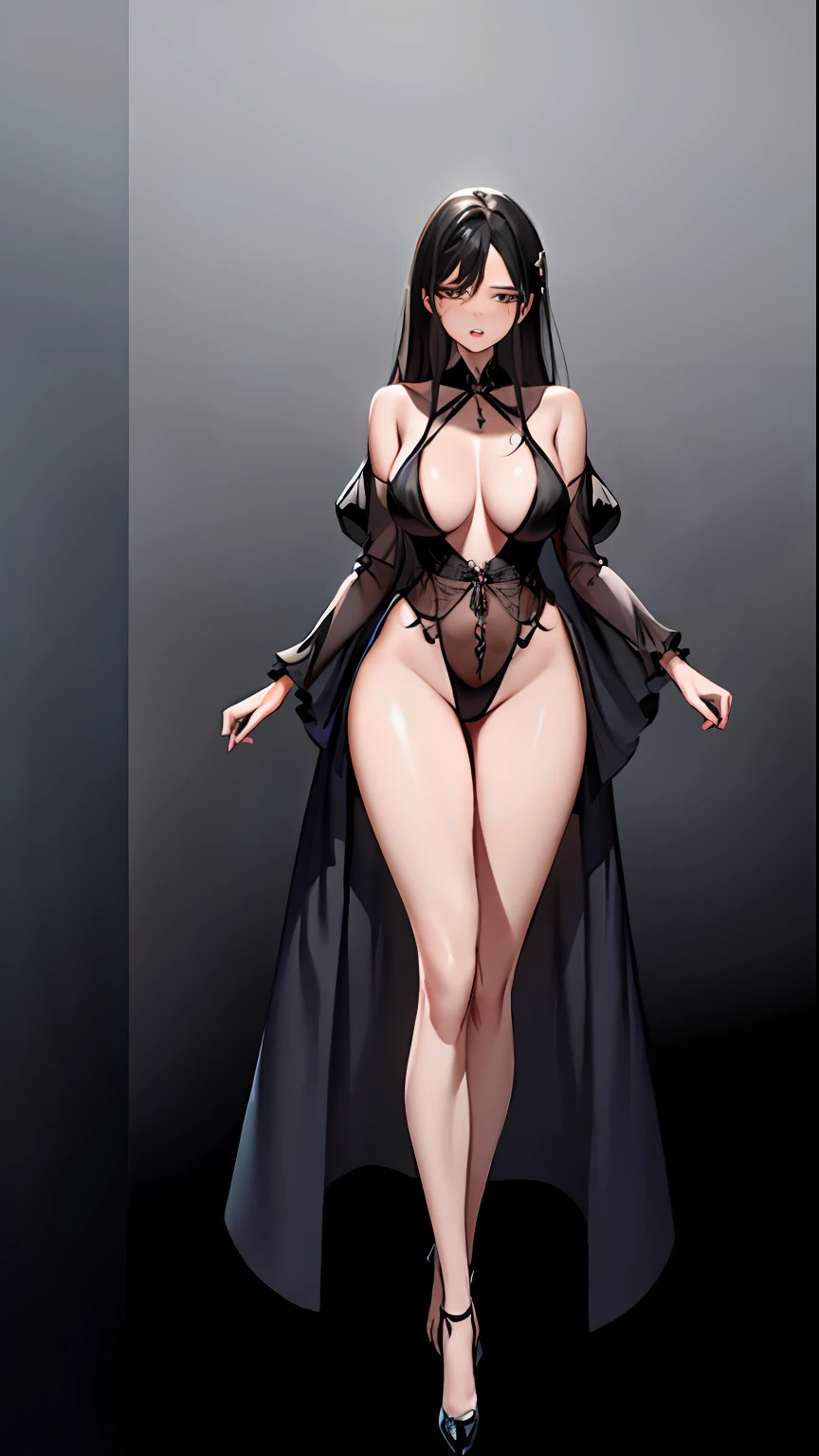 Ultra-high sharpness,8k wallpaper,A body use role-play as defined in detail by an ancient witch mentor,full body detailing,Face details,mediuml breasts,Illustration art,Whole body movement,Sexy woman in black,Soprano Woman,Very cool facial expression,Gorgeous background,Great erotic art,painting art,Sexy art,Detailed body part details,long leges,Inspired by J.c.Ryan Decker,Epic European and American illustrations,Tall,The whole body is evenly sexy