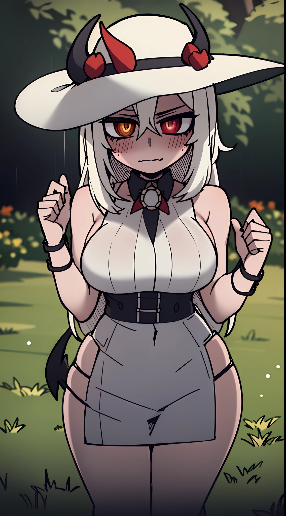1girl, solo, breasts, wide hips, blush, blushing, horns on head, demon tail, red black and white background colors, large breasts, dynamic angle, sharp focus, standing, heterochromia, 8k resolution, sun dress, see through clothes, white, sun hat, outdoors, countryside, trees, rain,