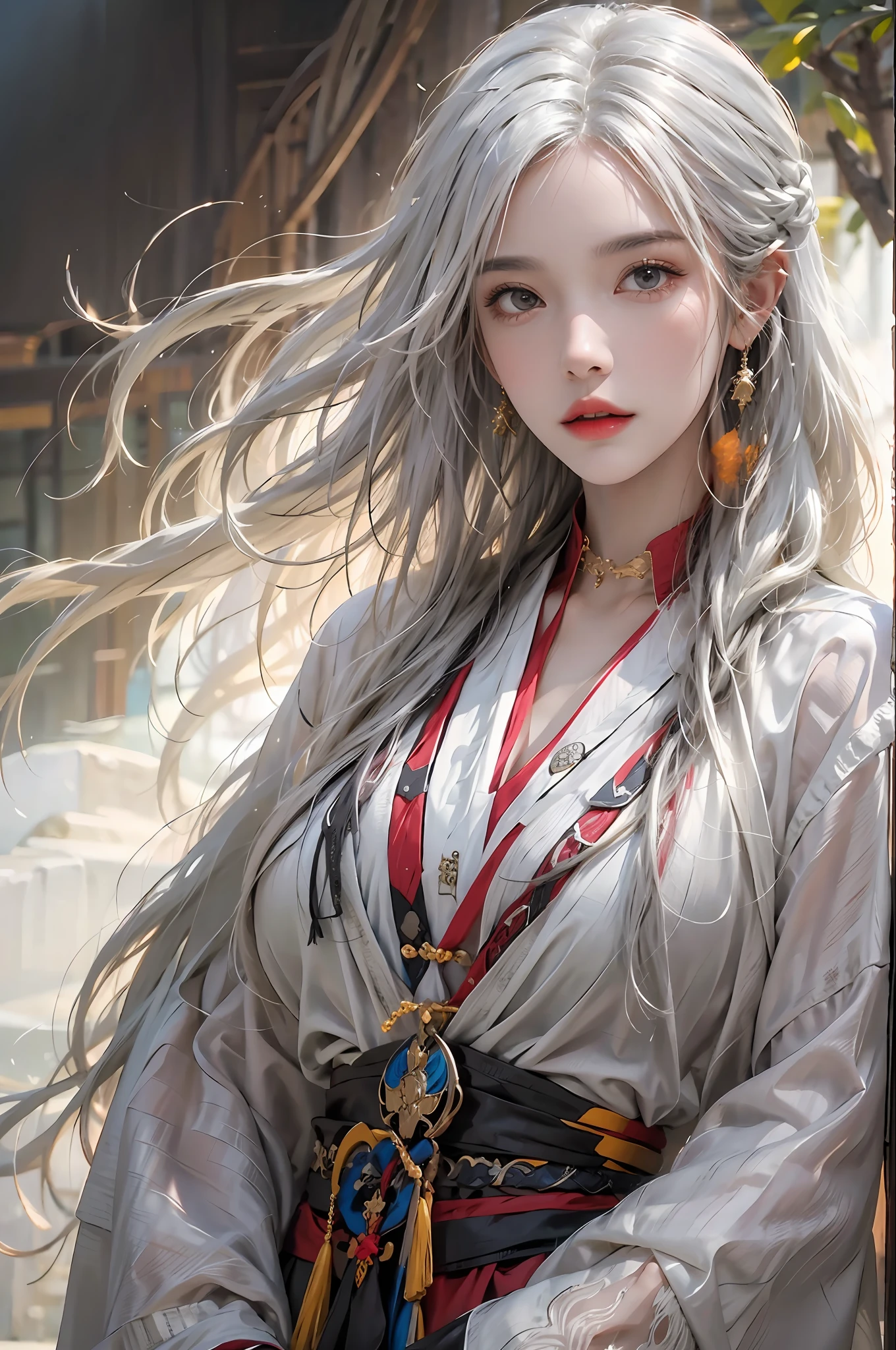 photorealistic, high resolution, 1women, solo, hips up, look at viewer, (detailed face), white hair, long hair, Taoist robe,oversized clothes, midjourney portrait, jewelry