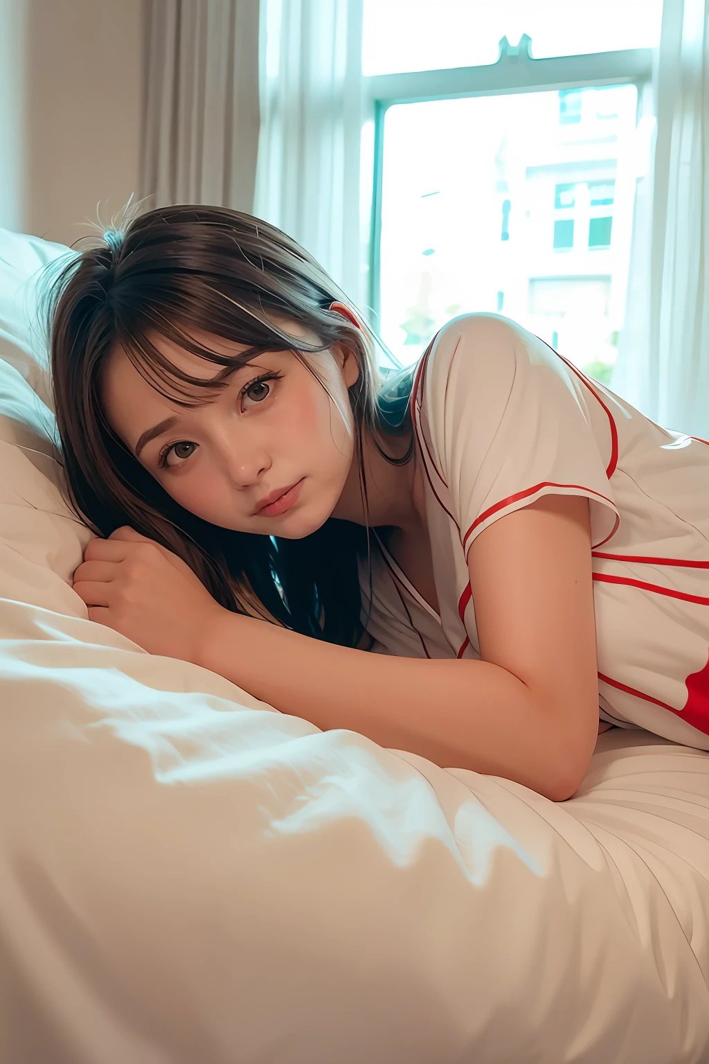  lying in bed in transparent pajamas